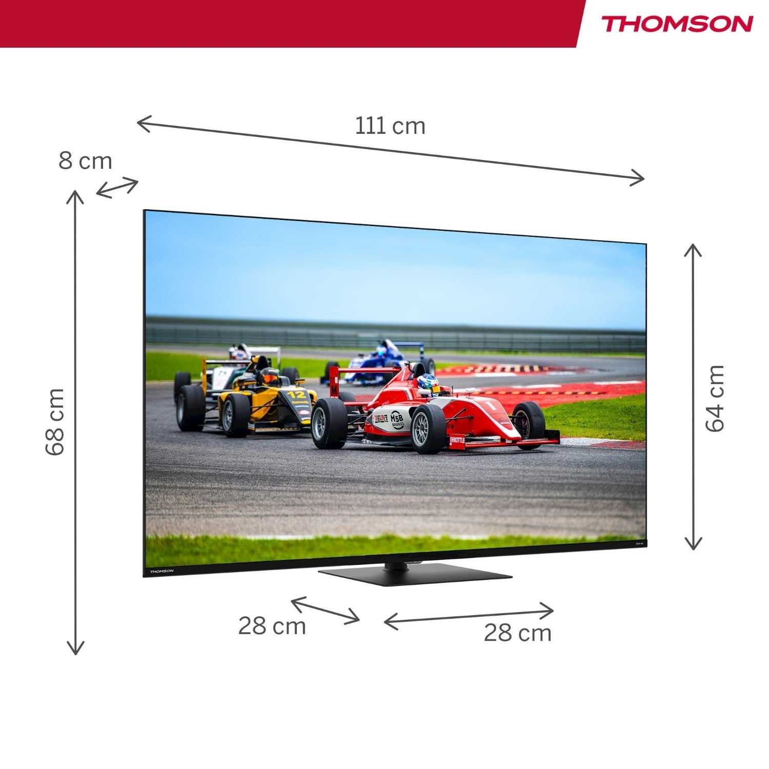 Un televisore Thomson mostra una gara con auto da corsa rosse, gialle e blu su una pista. Le dimensioni sono indicate sul televisore.