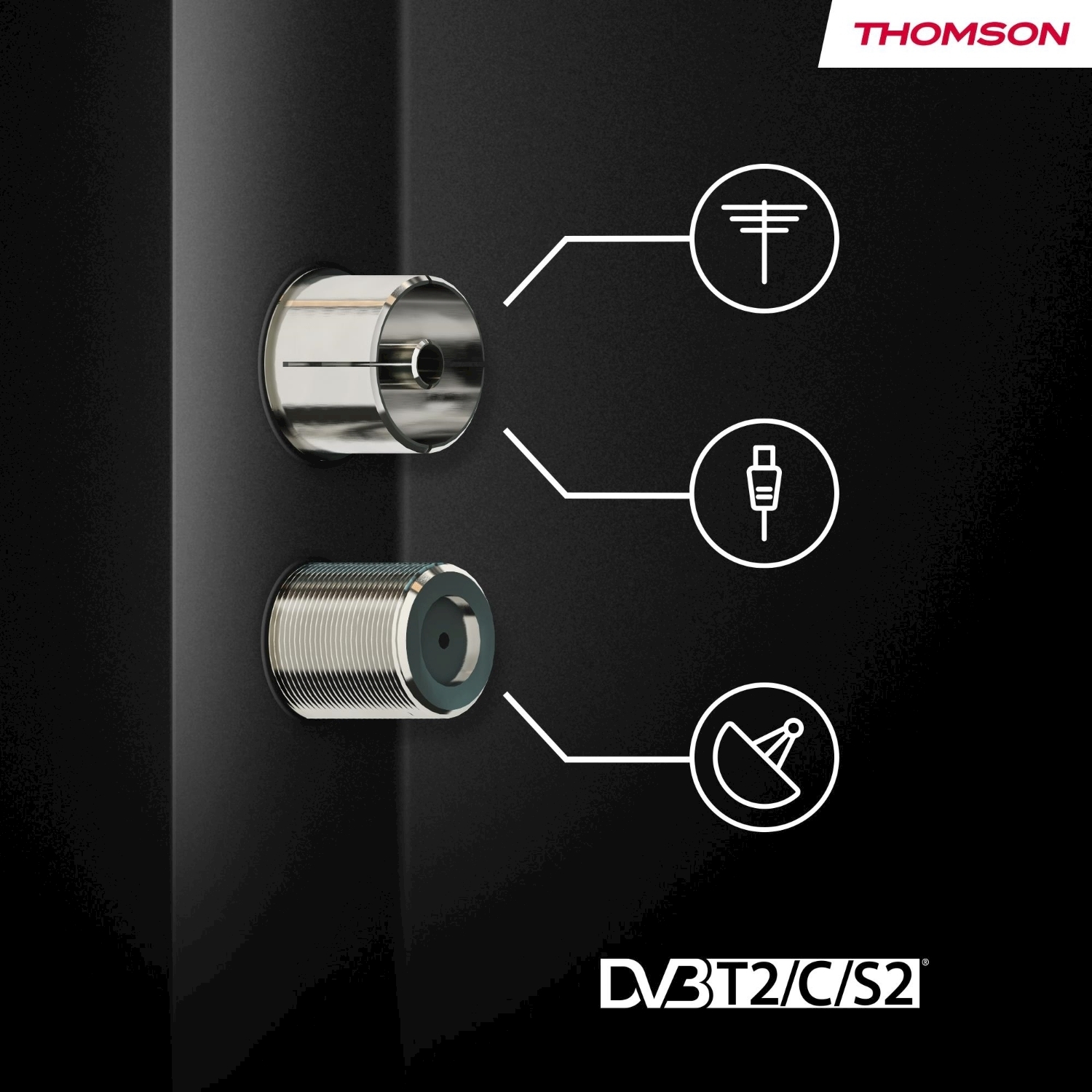 Primo piano di un pannello nero con connettori argentati e icone bianche per antenna, cavo e satellite. Il logo Thomson è visibile.