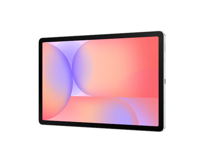 Egy fekete keretű tablet. A képernyő egy absztrakt dizájnt jelenít meg, rózsaszín, narancs és lila körökkel.