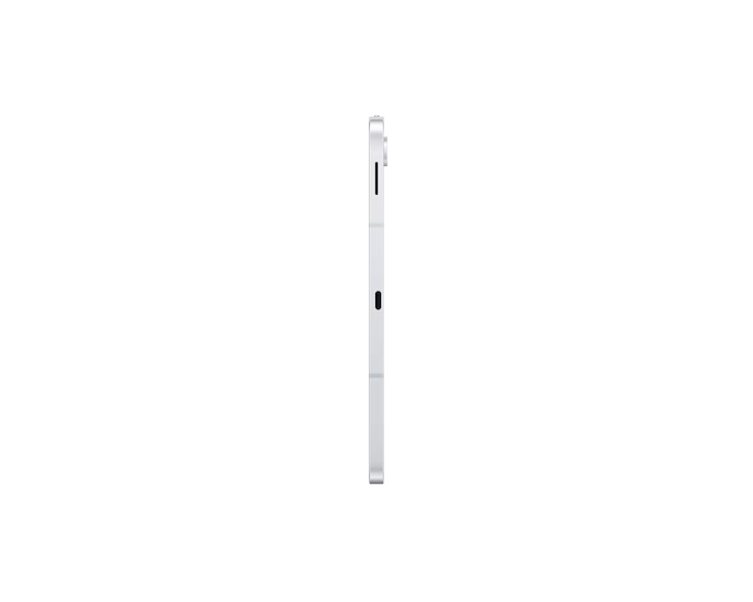 Egy fehér tablet oldalsó nézete fehér háttérrel. Fekete gombot, kamerát és vékony keretet mutat.