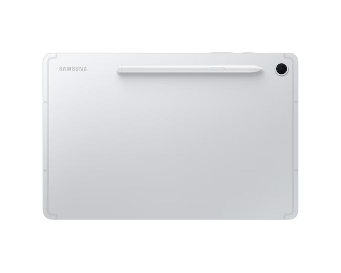 Egy fehér tablet a tetején egy tollal. A Samsung logója látható. A jobb felső sarokban egy kamer objektív található.