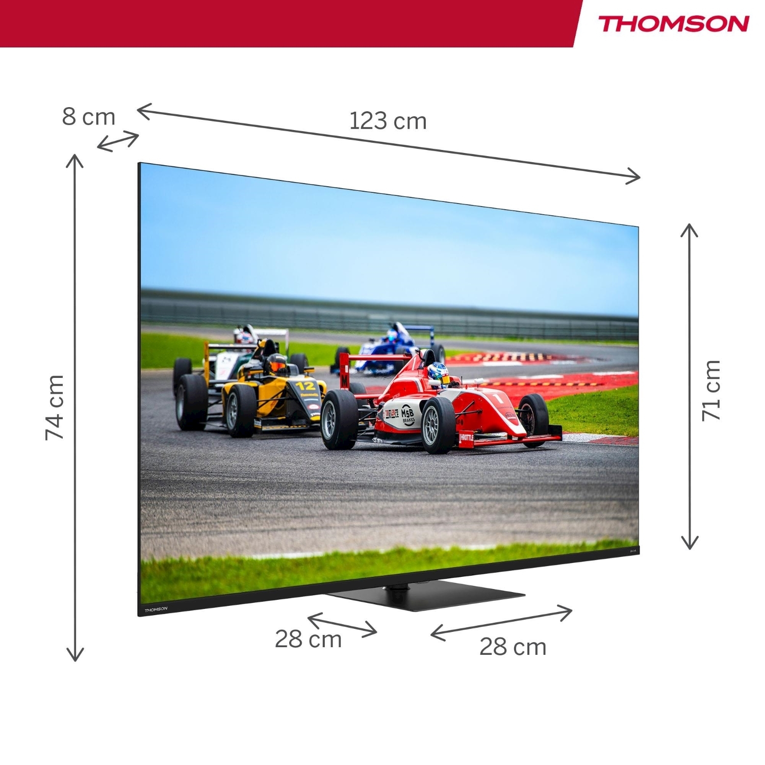 Un televisore Thomson mostra una gara con auto da corsa rosse e gialle su una pista. Dimensioni: 123x74 cm, base da 28 cm.