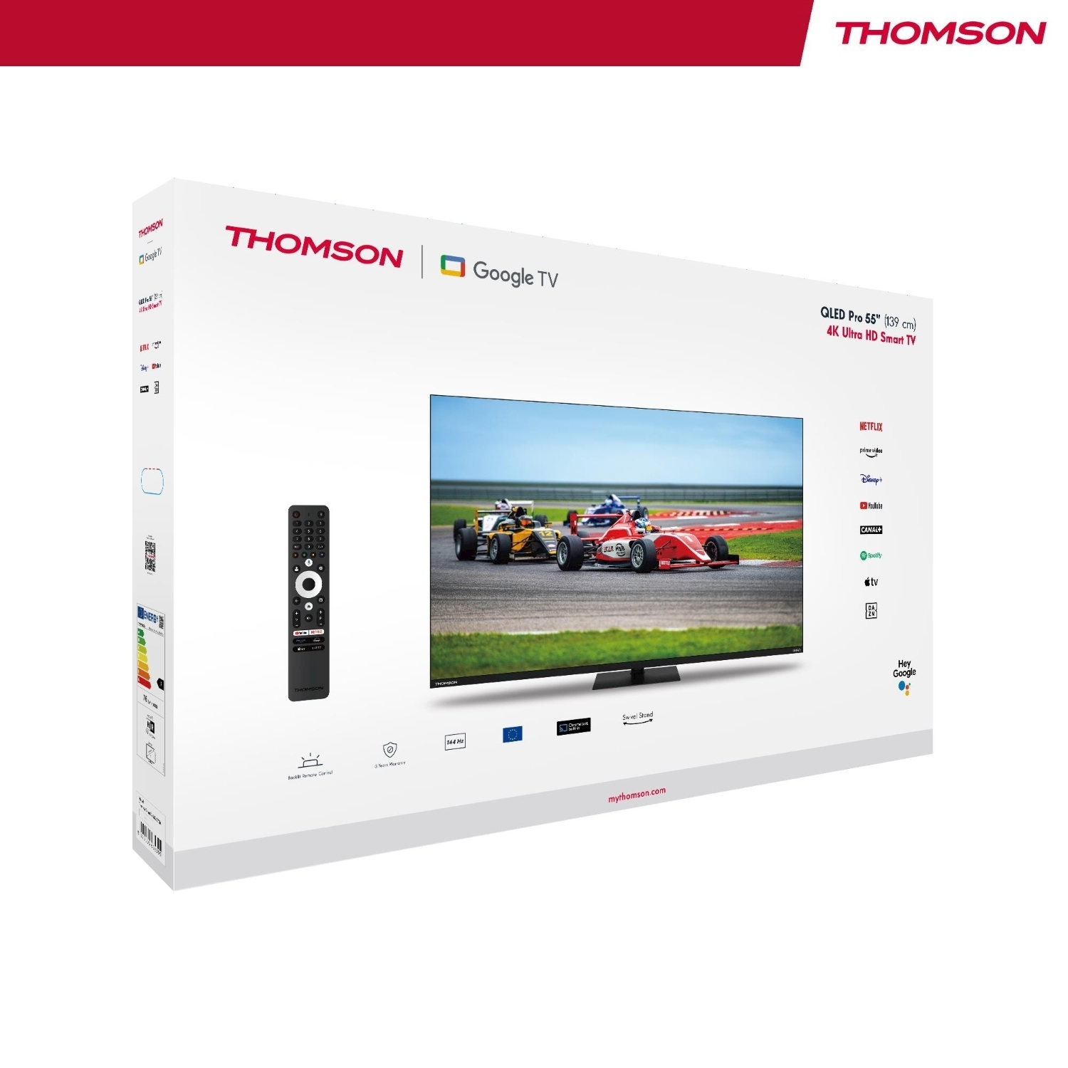 Scatola TV Thomson con TV che mostra auto da corsa. Telecomando davanti. Icone app come Netflix a destra.