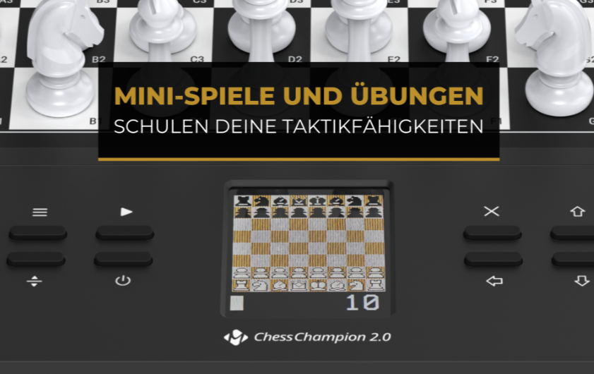 Schachbrett mit Figuren, ein Bildschirm mit einem Schachspiel und Steuertasten. Text sagt 'Mini-Spiele und Übungen'.