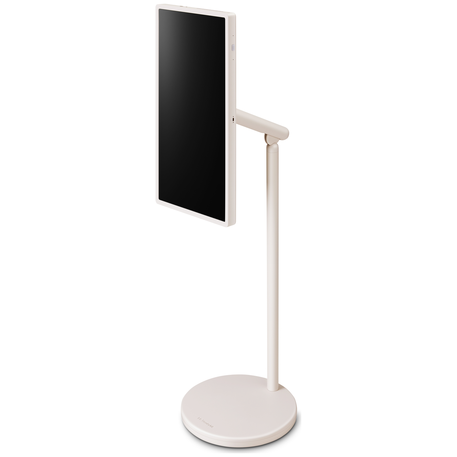 A beige monitor on a stand, with a black screen. The base is round, the stand is a pole, and the monitor is rectangular.