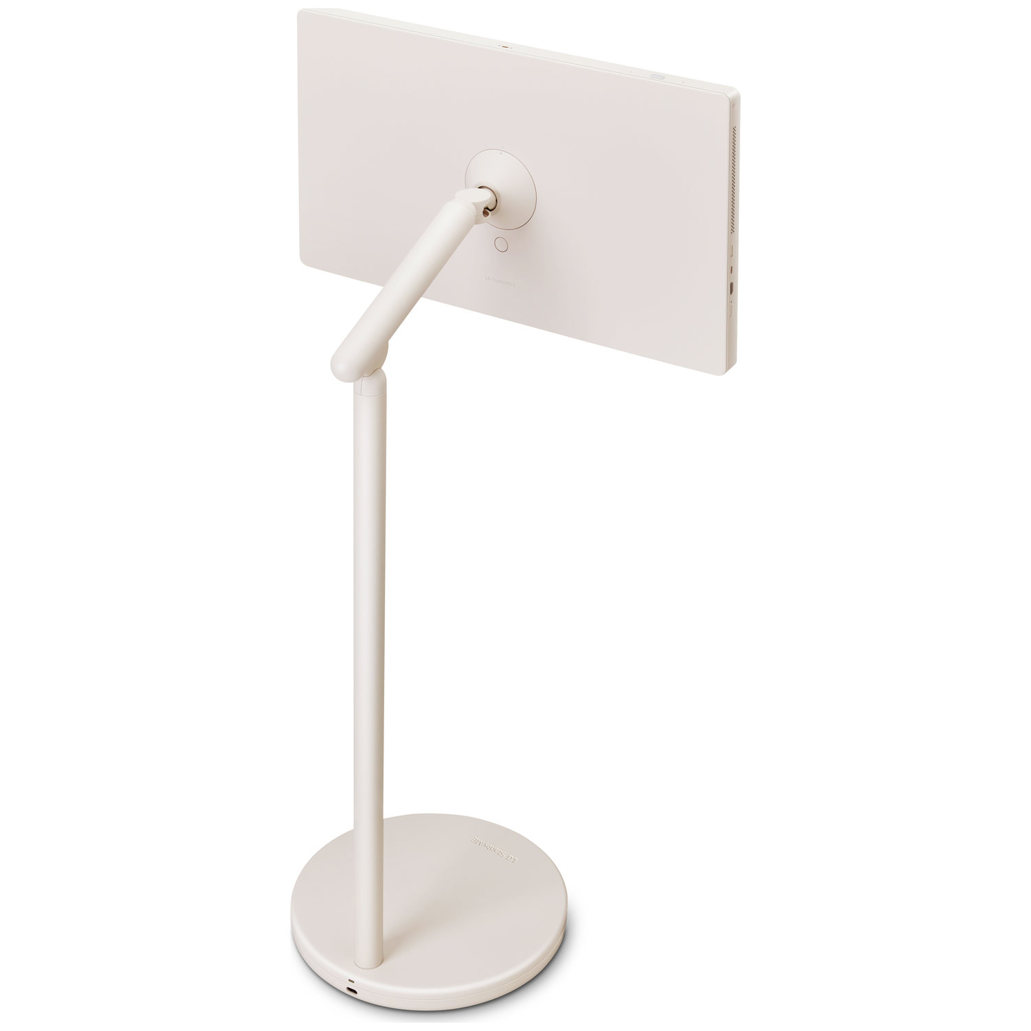 A white monitor on a stand. The monitor is rectangular and angled. The stand is a circular base with a vertical arm.
