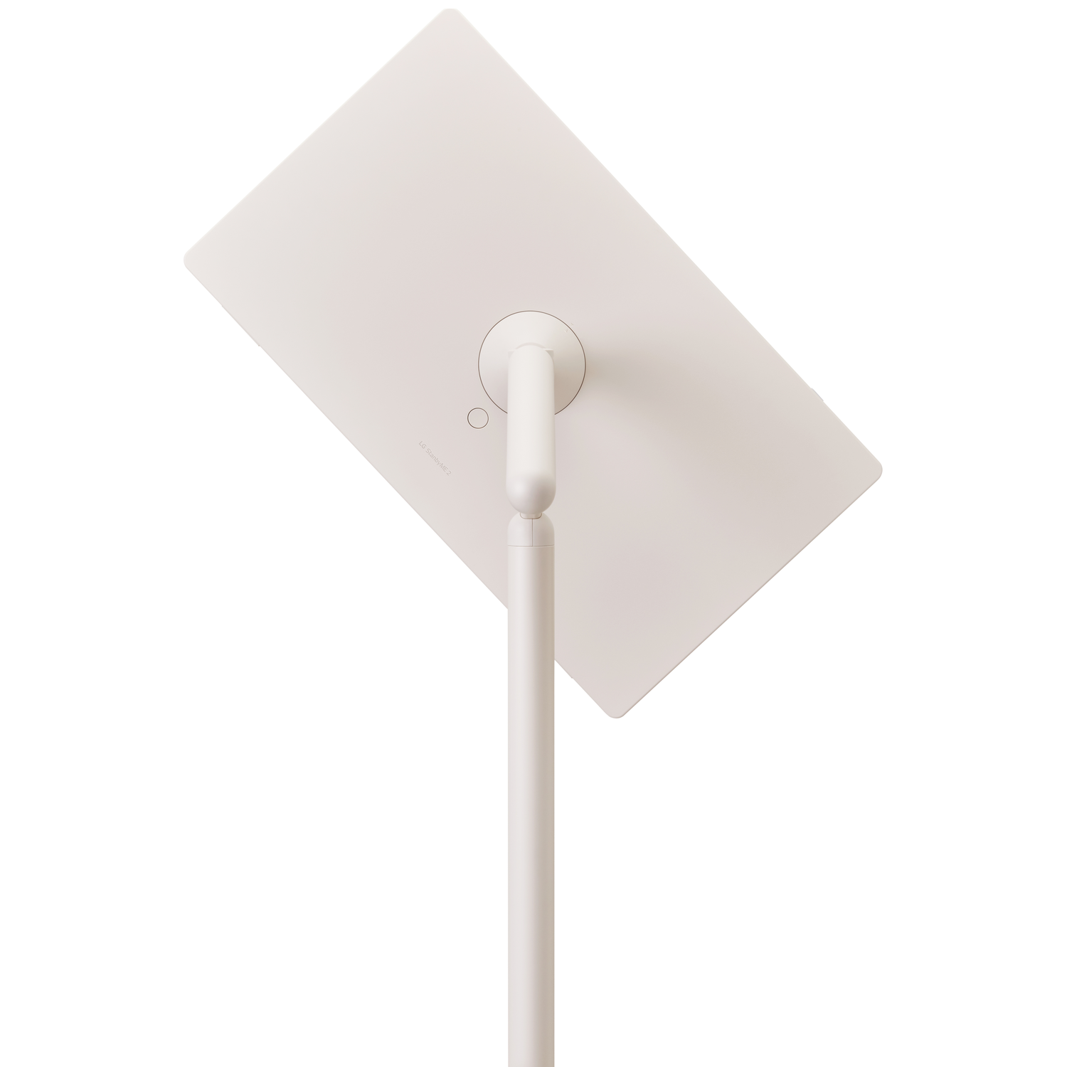 A white, angled monitor on a stand. The monitor is rectangular and tilted. The stand is a vertical pole. The background is white.