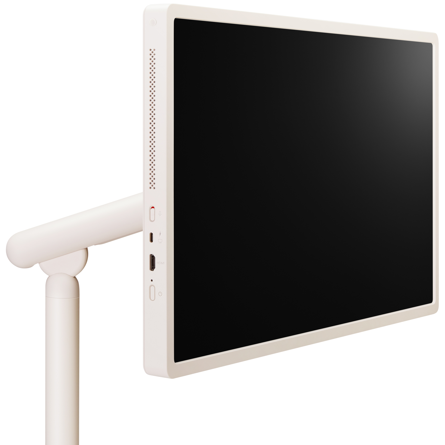 A white computer monitor with a black screen is mounted on a white stand. The monitor has a thin bezel.