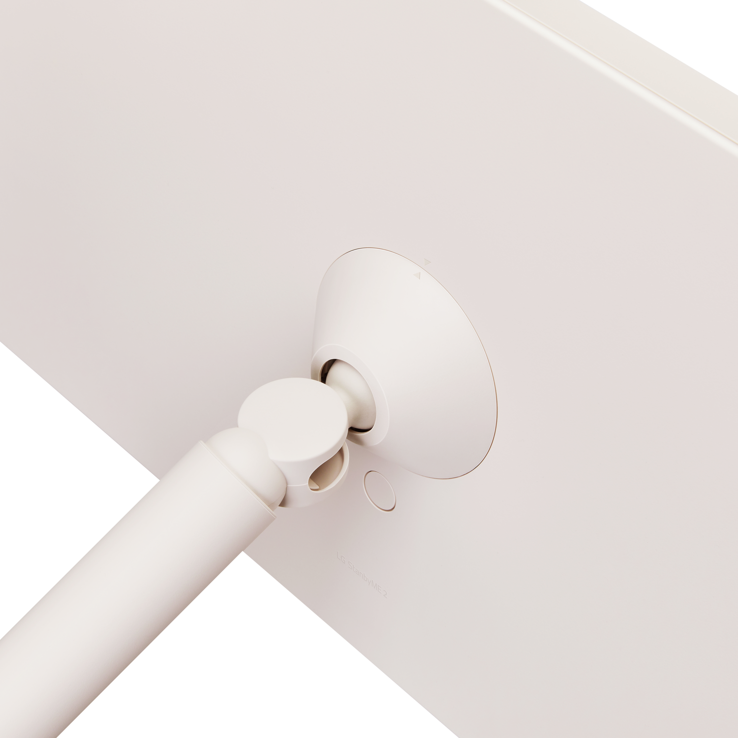 Close-up of a white monitor back. A circular stand with a jointed arm supports the screen. The monitor and arm are white.