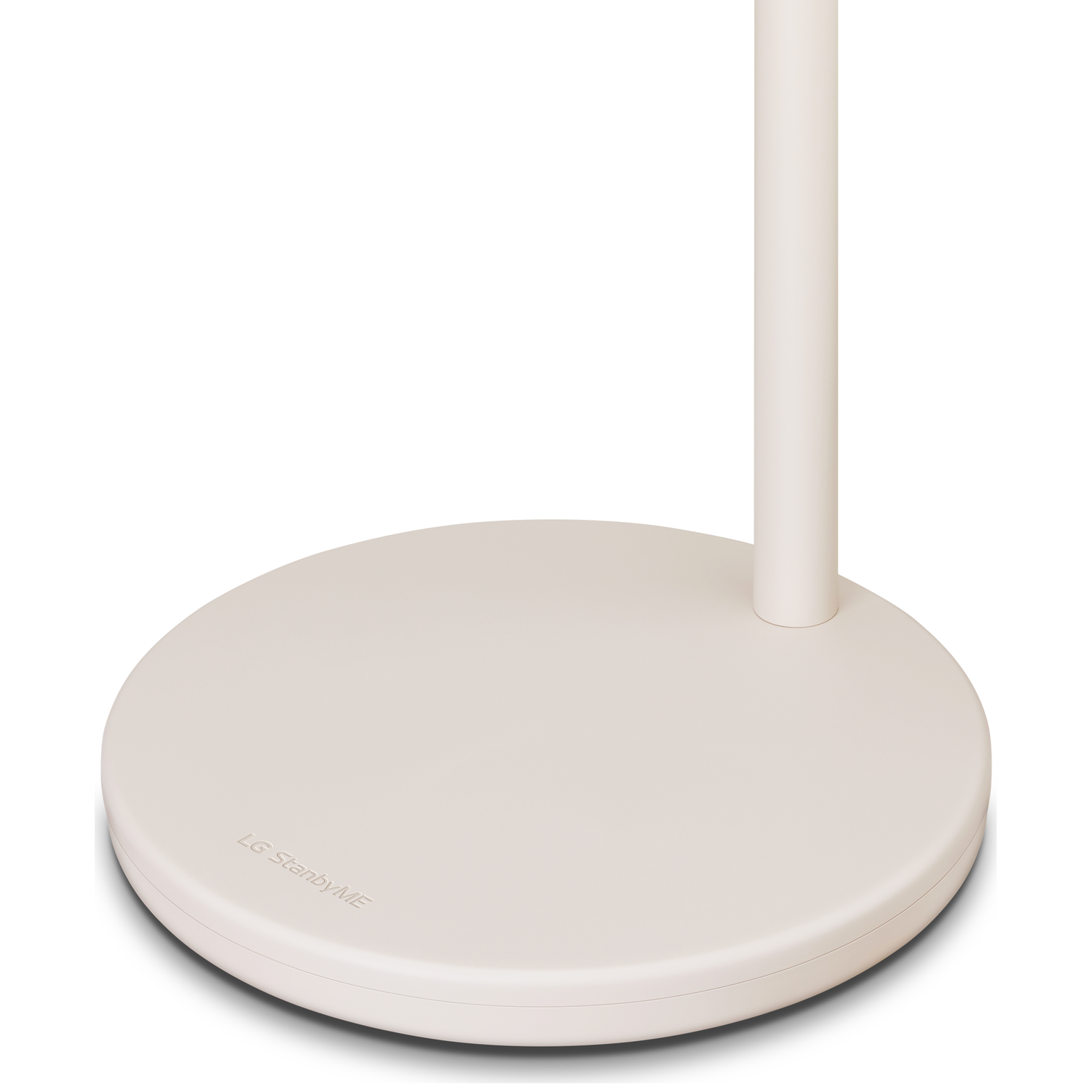 A beige LG StanbyME stand base with a vertical pole. The circular base has the brand name on it. White background.