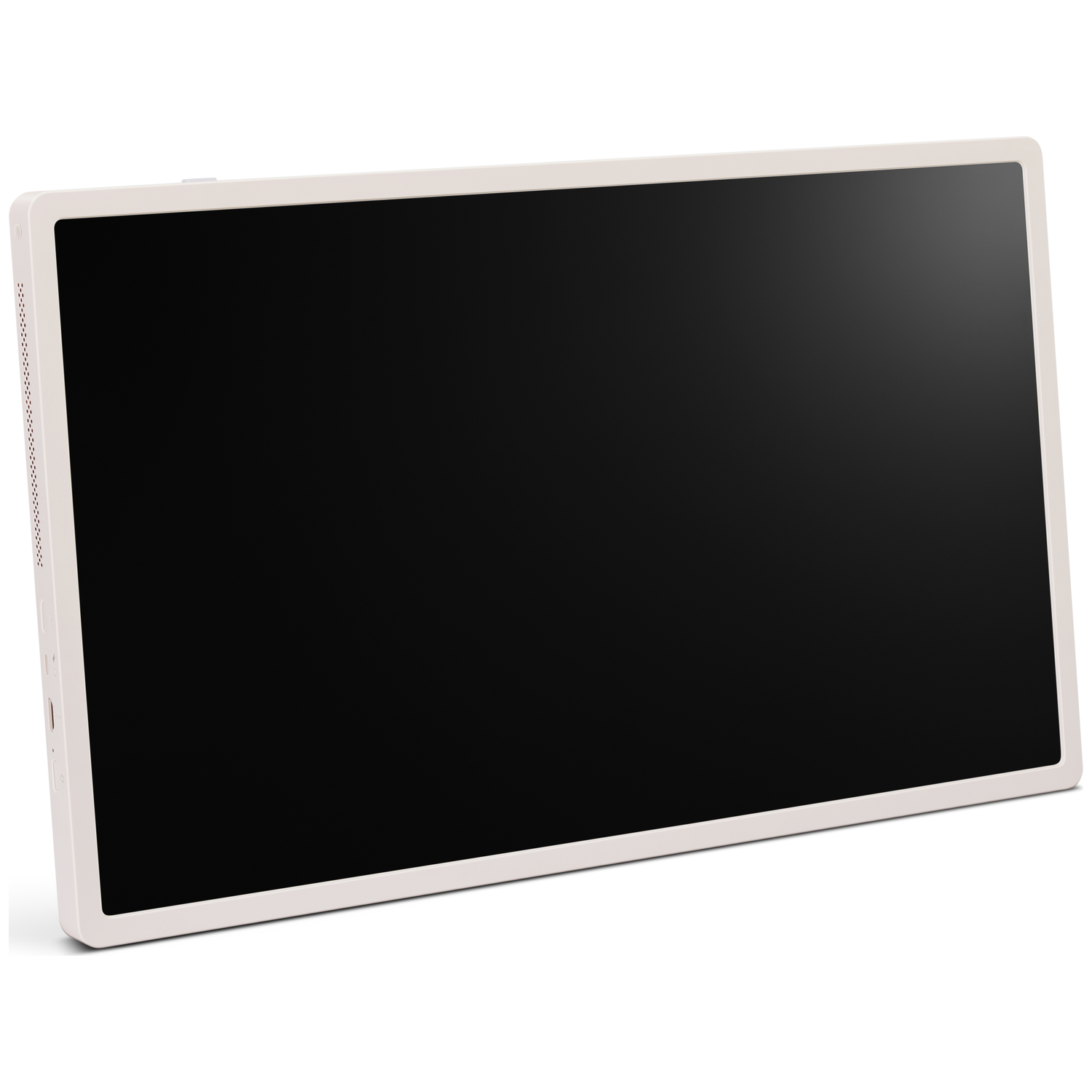 A rectangular, off-white framed display screen, angled slightly. The screen is black. The frame is thick with some side detailing.