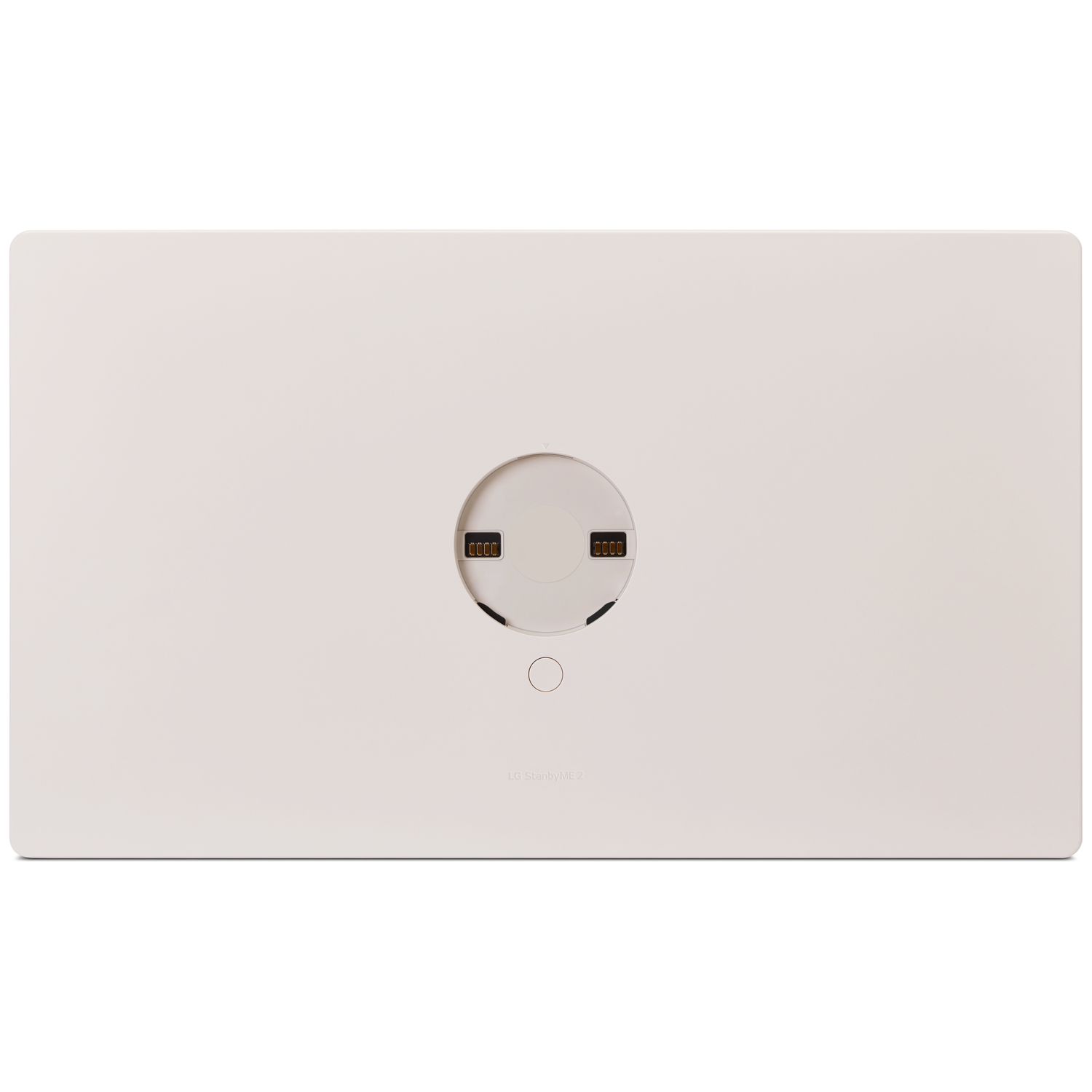 A white rectangular device with rounded corners, a central circular feature with two ports, and a small circle below.