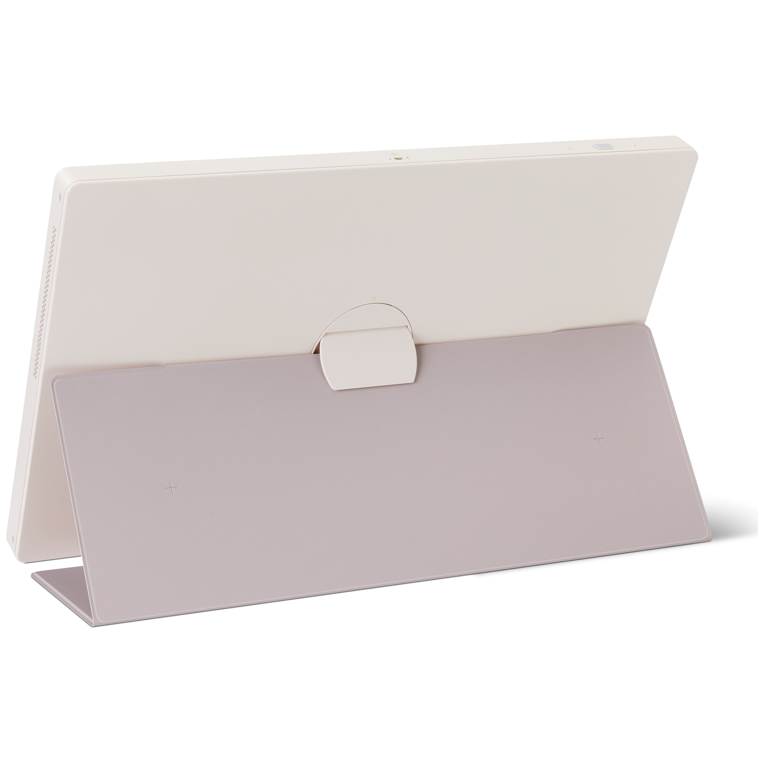 A tablet with a light gray case and stand is shown at an angle. The tablet is off-white. The stand is folded out and angled.