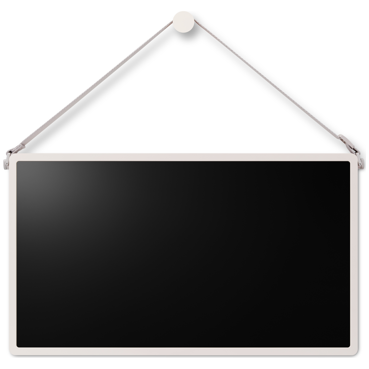A rectangular black board with a white frame hangs from a white wall. It is suspended by a thin grey cable.