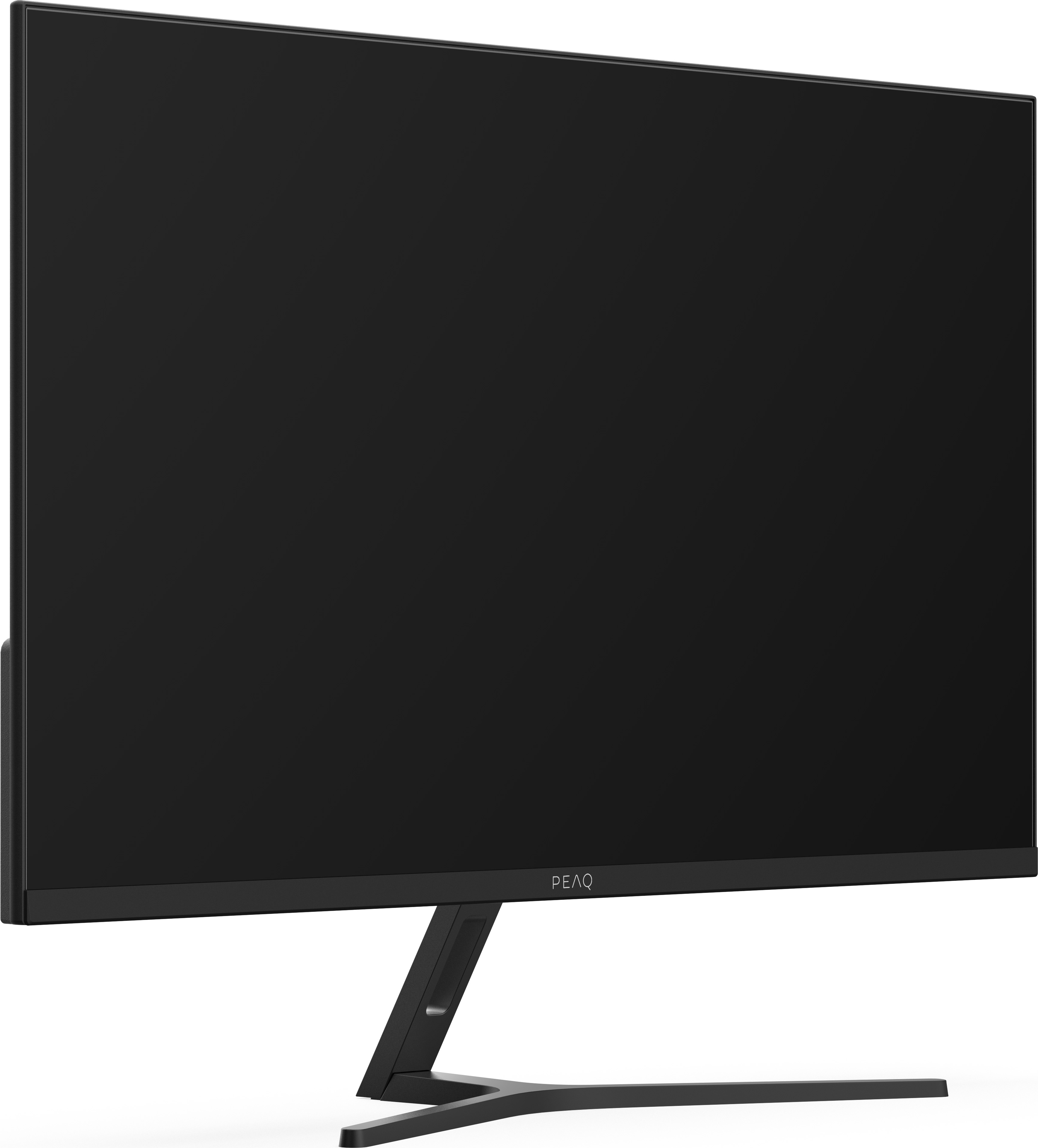 Ein schwarzer Computermonitor mit Ständer steht auf einer weißen Oberfläche. Der Markenname PEAQ ist sichtbar.
