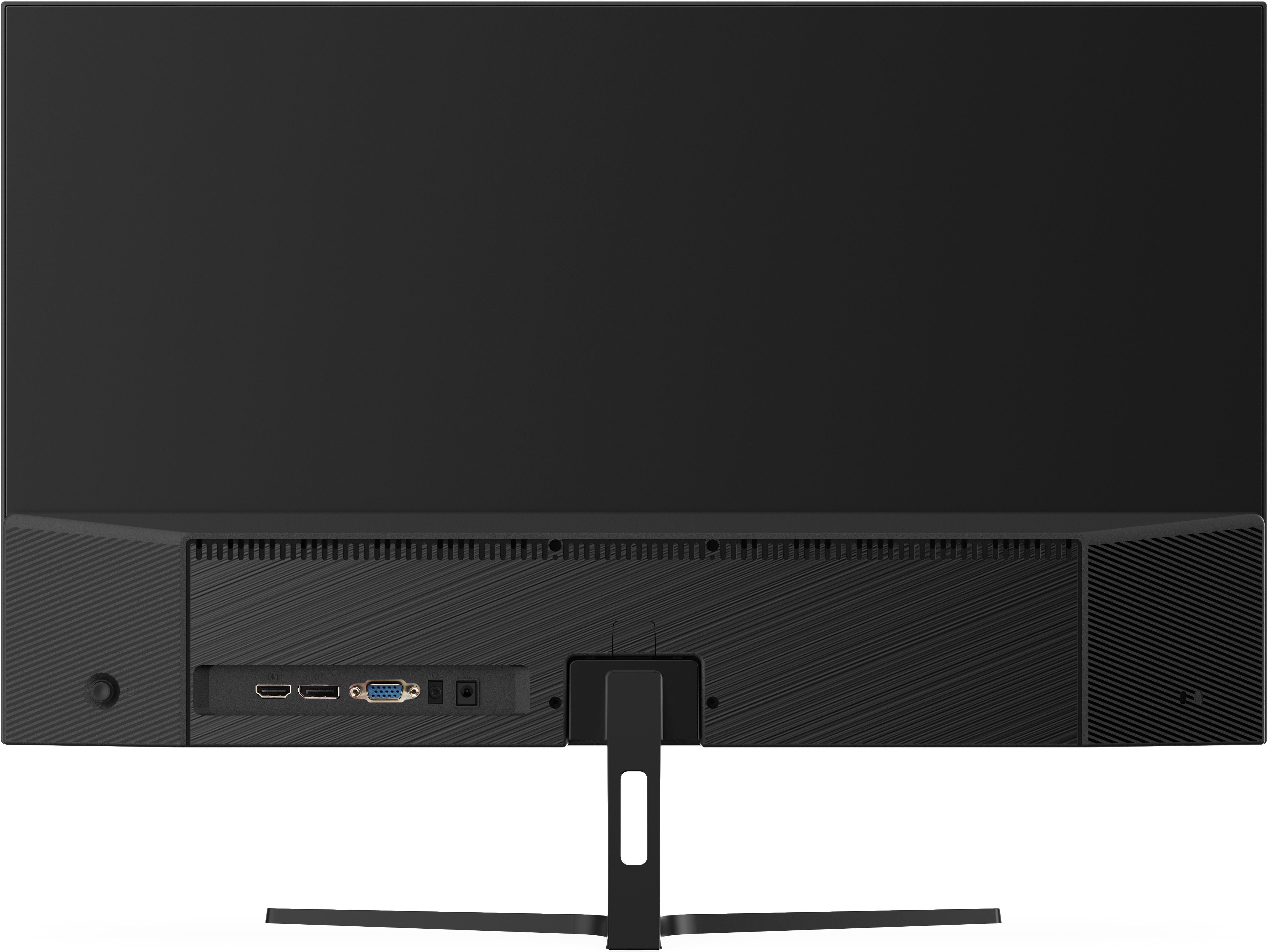 Die Rückseite eines schwarzen Computermonitors. Anschlüsse sind HDMI, VGA und Audio. Ein schwarzer Ständer stützt den Monitor.