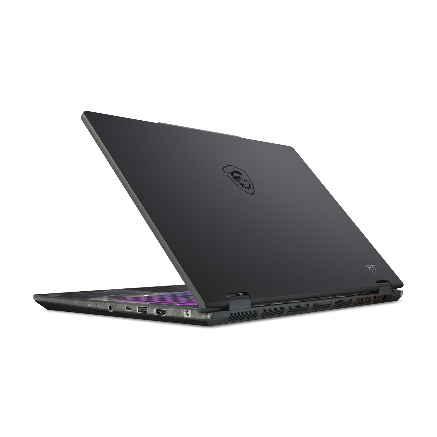 Un laptop nero è leggermente aperto, mostrando la tastiera. Il logo MSI è visibile sul coperchio. Lo sfondo è bianco.