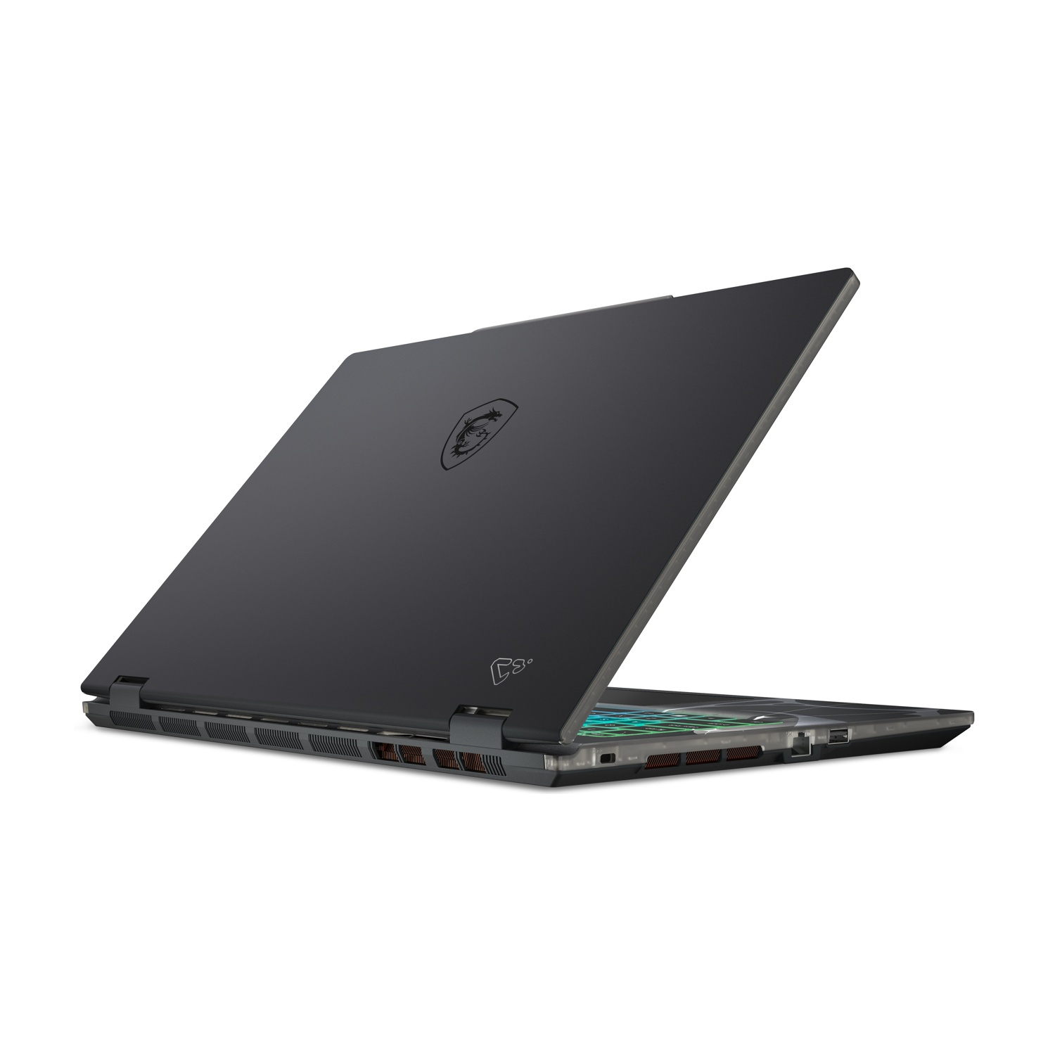 Un laptop grigio scuro è aperto, mostrando lo schermo. Il logo MSI è sul coperchio. Lo sfondo è bianco.