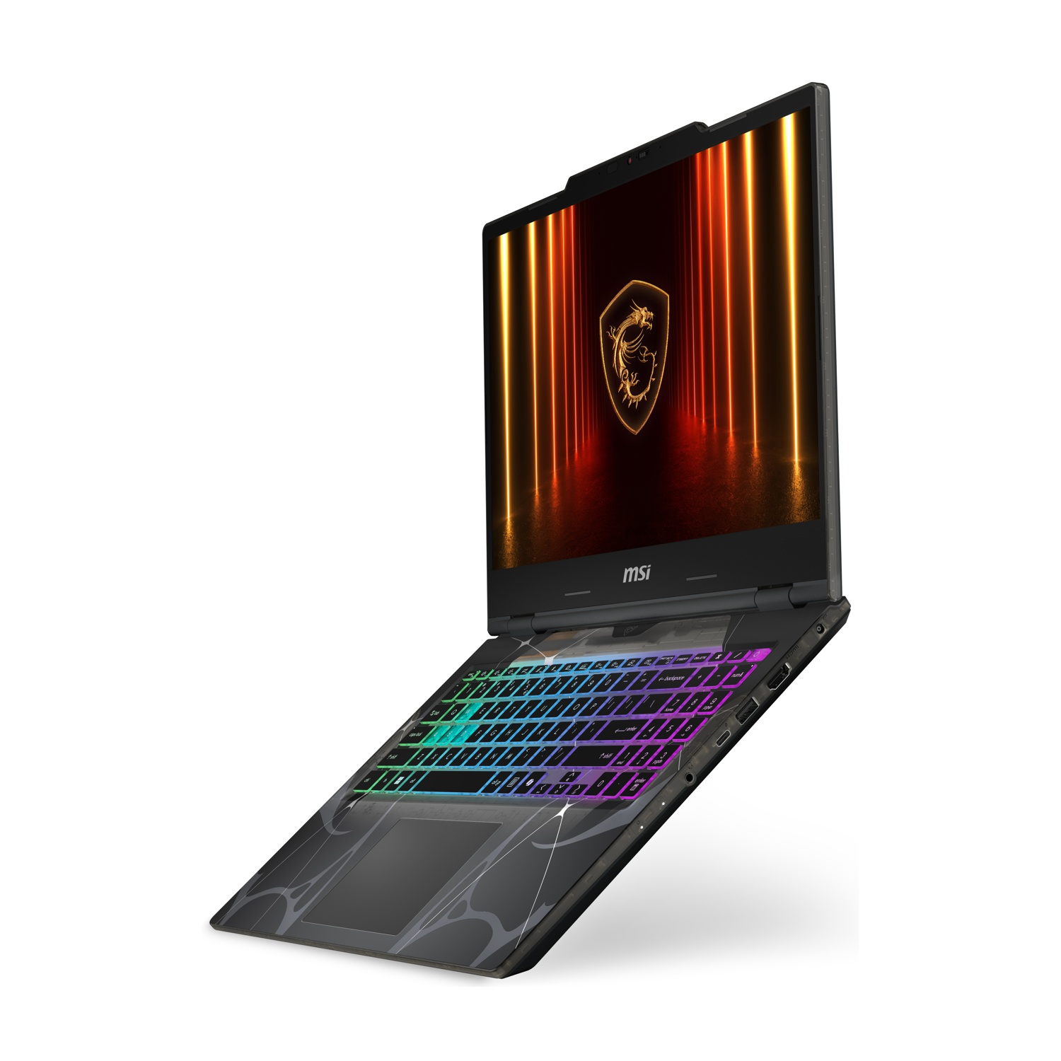 Un laptop MSI nero è aperto ad angolo. Lo schermo mostra un logo del drago con luci arancioni. La tastiera ha tasti colorati.