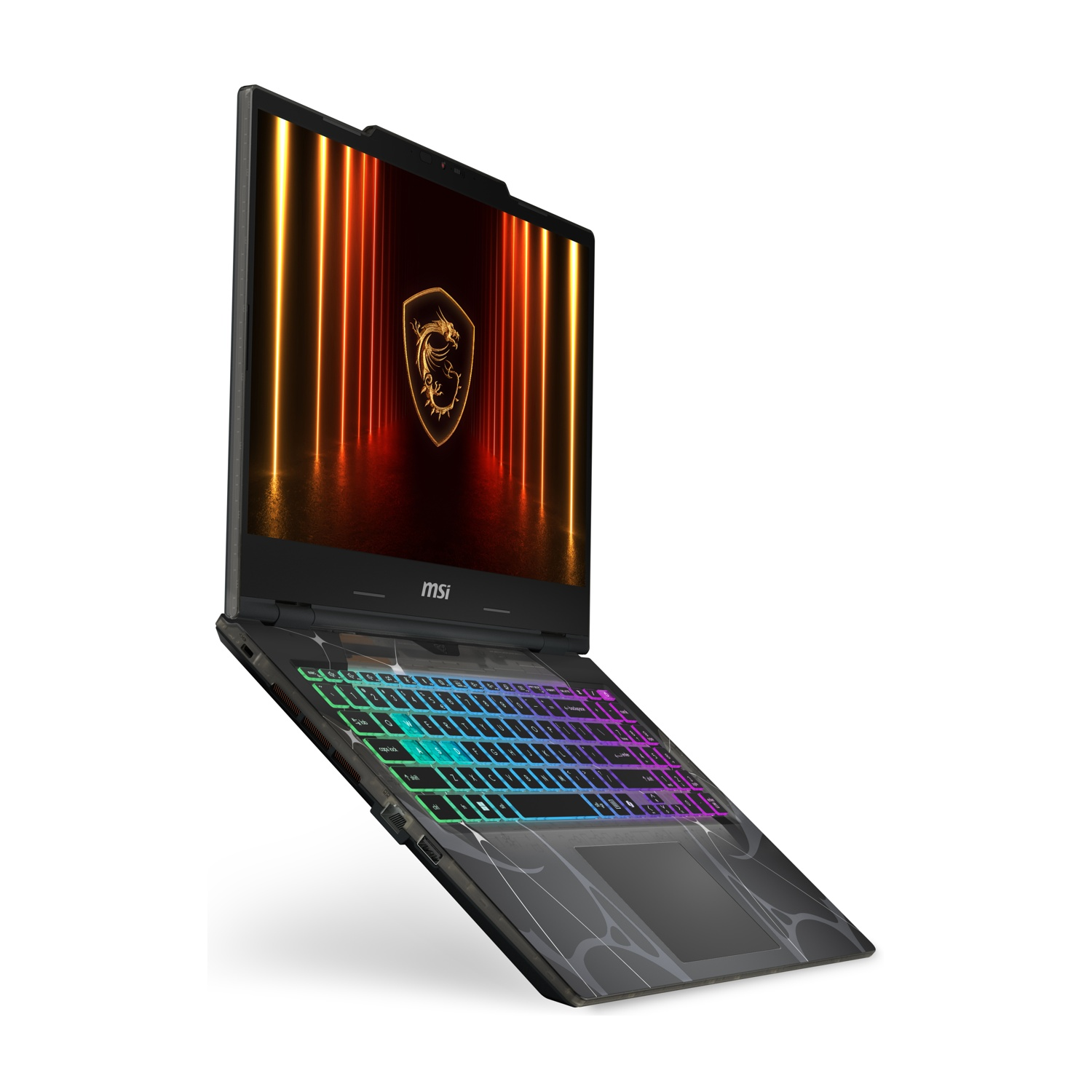 Laptop MSI, schermo mostra logo drago. Tastiera si illumina multicolore, su sfondo bianco, vista angolata.