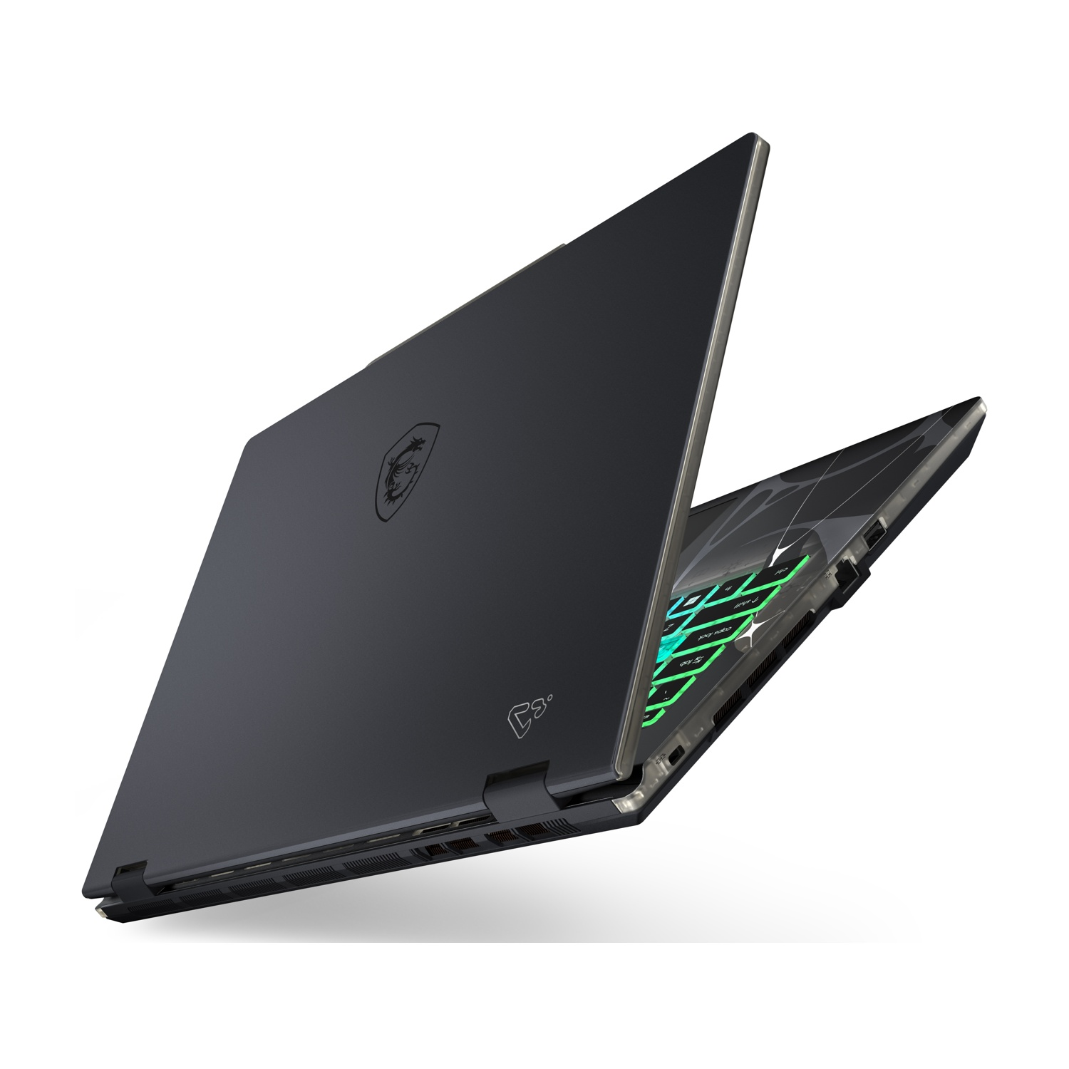 Un laptop nero parzialmente aperto mostra una tastiera retroilluminata con tasti verdi. Il logo MSI è visibile sul coperchio.