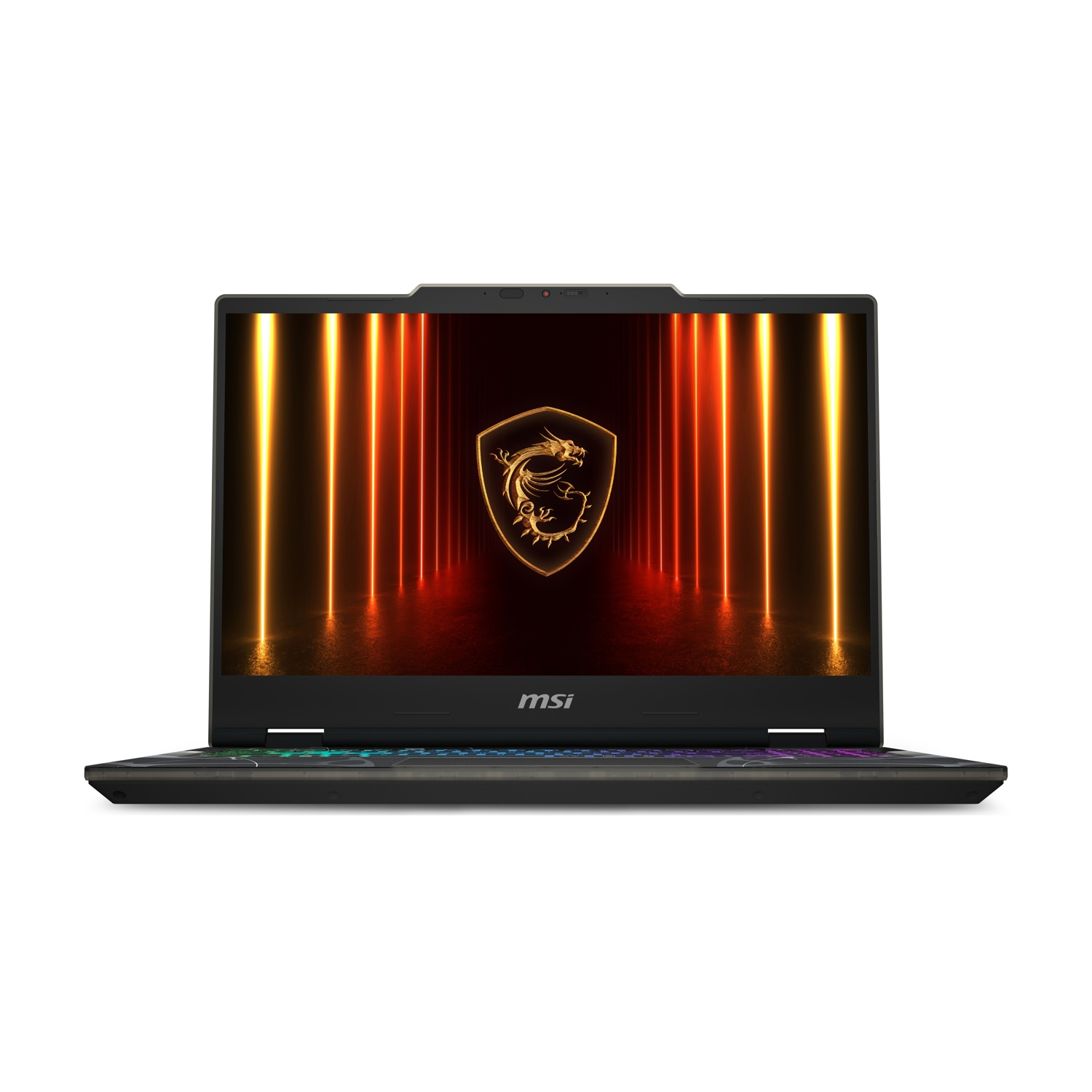 Laptop MSI aperto. Schermo mostra logo drago dorato su sfondo infuocato. Tastiera con luci multicolore. Cornice nera.