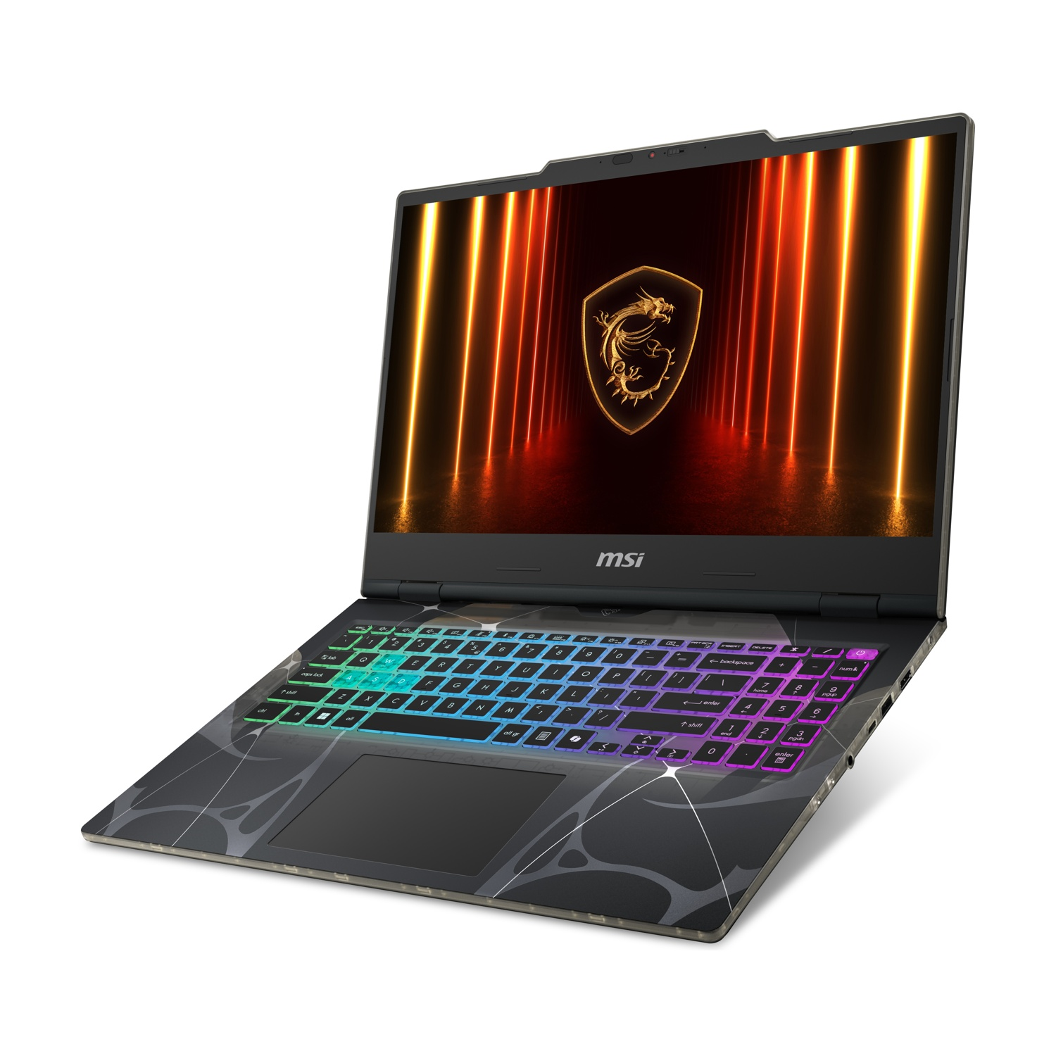 Laptop gaming MSI. Nero con tastiera retroilluminata colorata. Schermo mostra logo drago con sfondo luce neon.