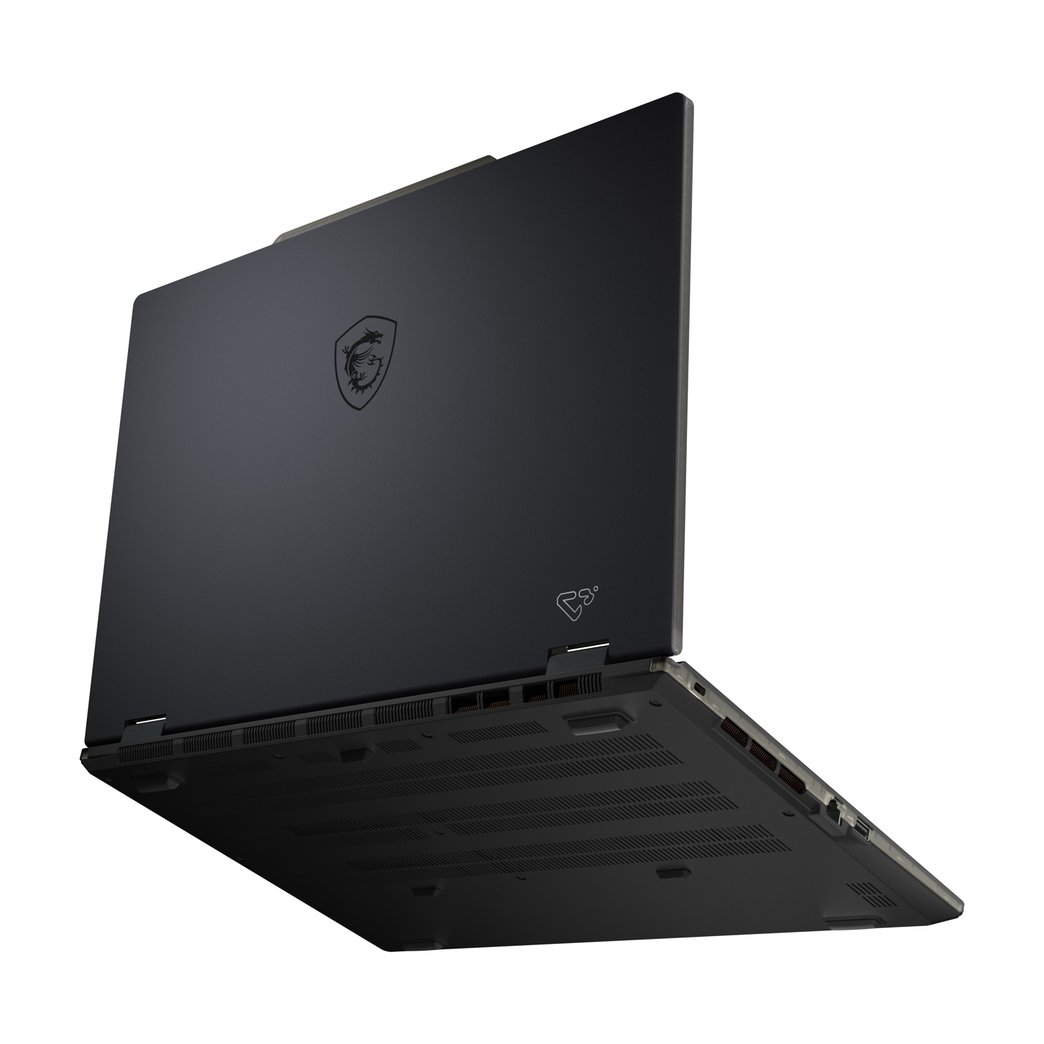 Un laptop nero è mostrato da un'angolazione bassa. Il logo MSI è visibile sul coperchio. Il lato inferiore mostra prese d'aria e porte.