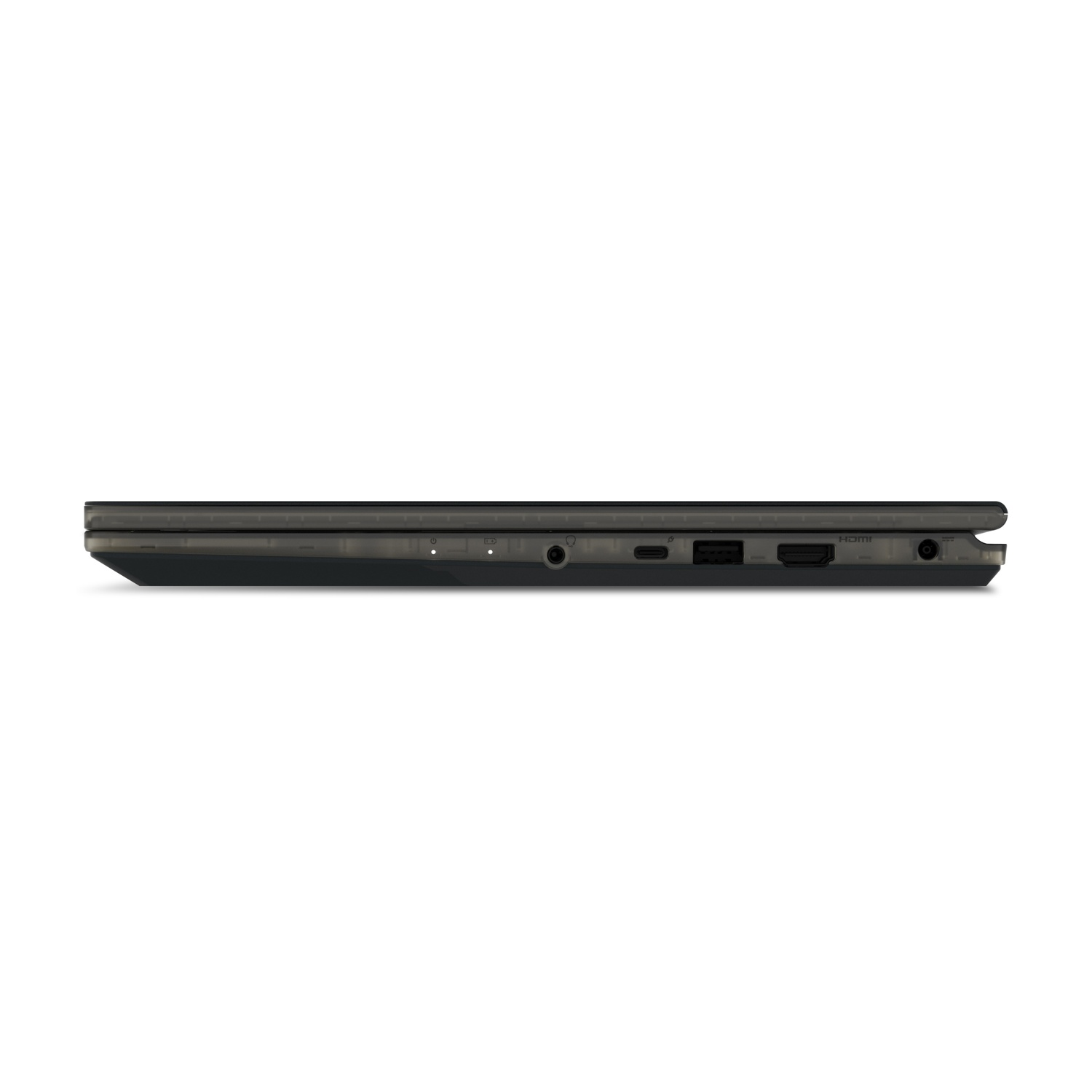 Vista laterale di un laptop grigio scuro che mostra le porte: USB-C, USB, HDMI e jack audio, su sfondo bianco.