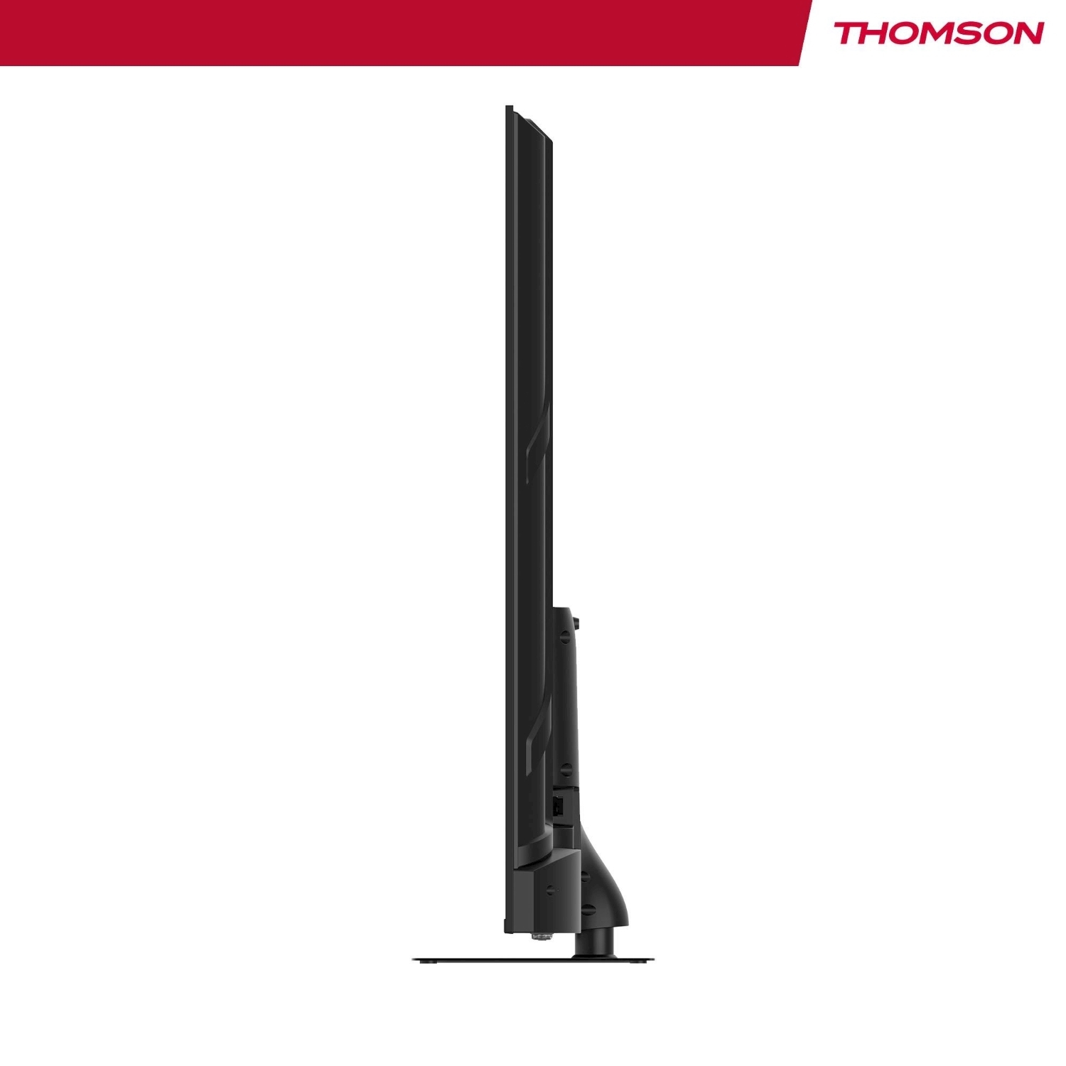 Un televisore Thomson nero è visto di lato. Una barra rossa e il logo Thomson sono in alto a destra. La TV è su un supporto nero.