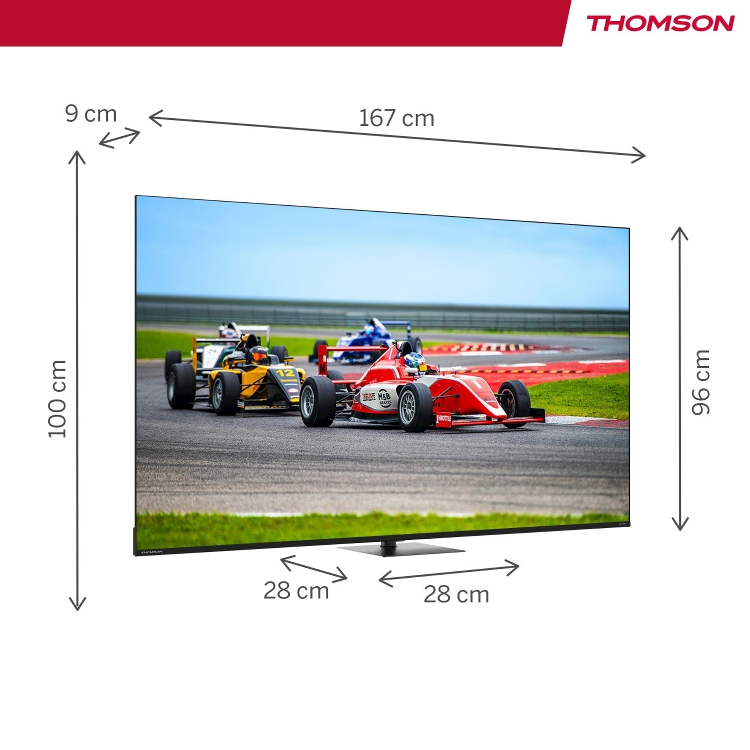 Un televisore Thomson mostra una gara con auto da corsa rosse e gialle su una pista. Vengono mostrate le dimensioni del televisore.