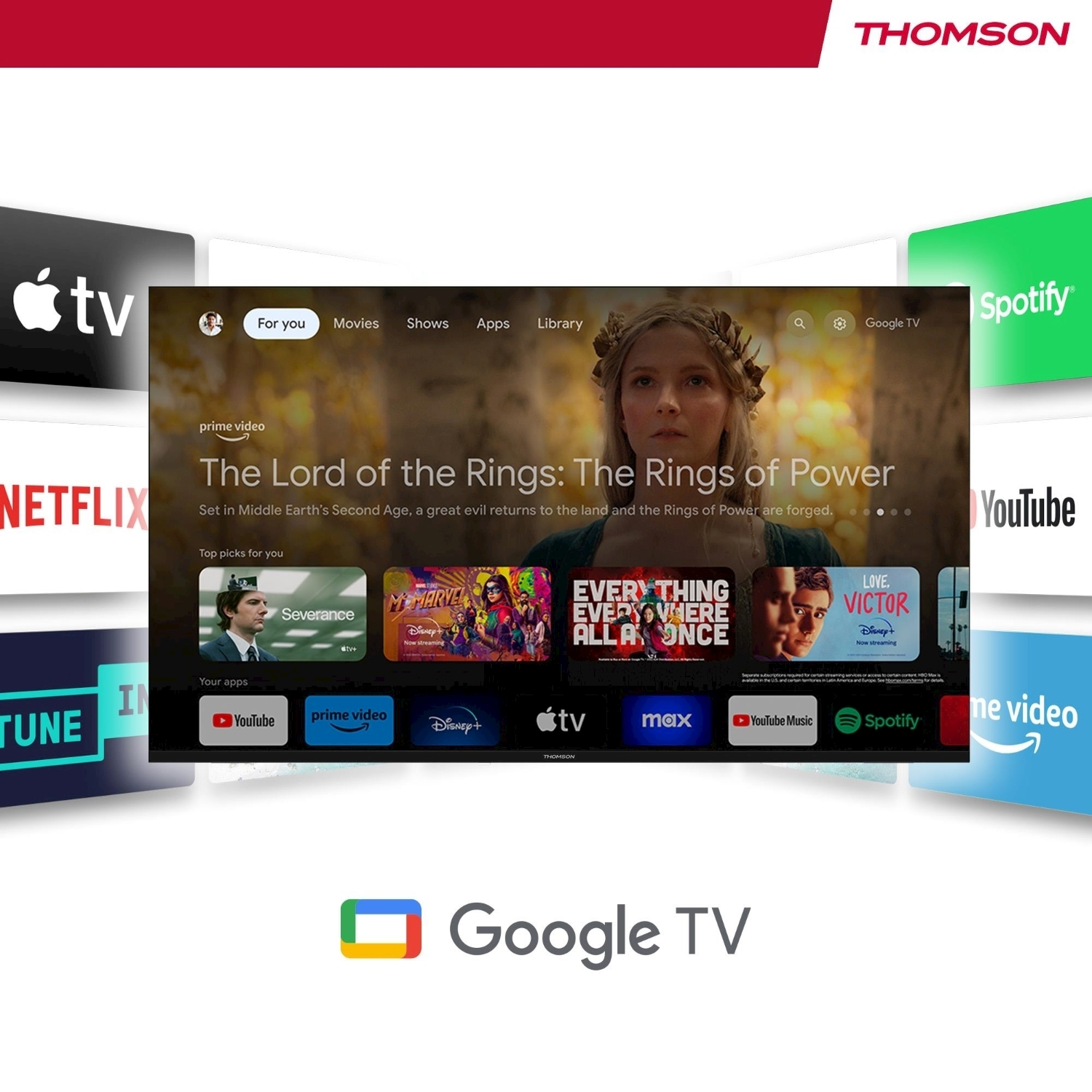 Uno schermo TV mostra l'interfaccia di Google TV con app come Netflix, YouTube e Prime Video. Il Signore degli Anelli è in evidenza.