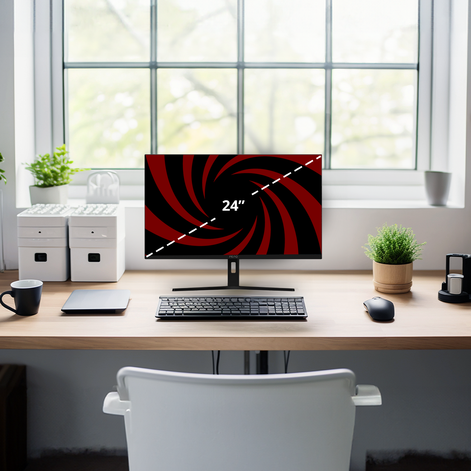 Een bureau met een computermonitor met een rood en zwart ontwerp. Toetsenbord, muis, planten en een mok staan op het bureau.