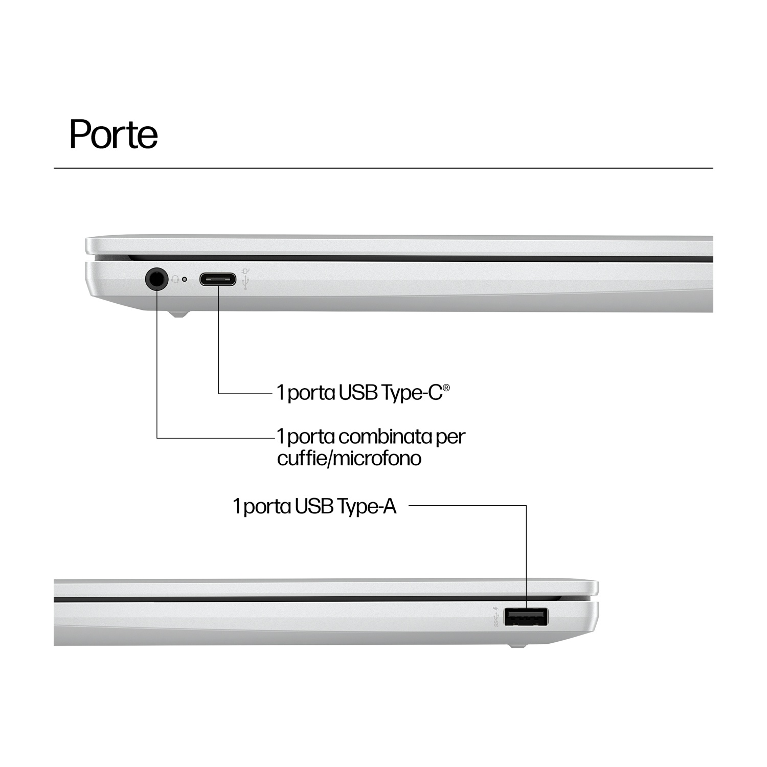 L'immagine mostra un lato del laptop con le porte etichettate. Include porte USB Type-C, combo cuffie/microfono e USB Type-A.