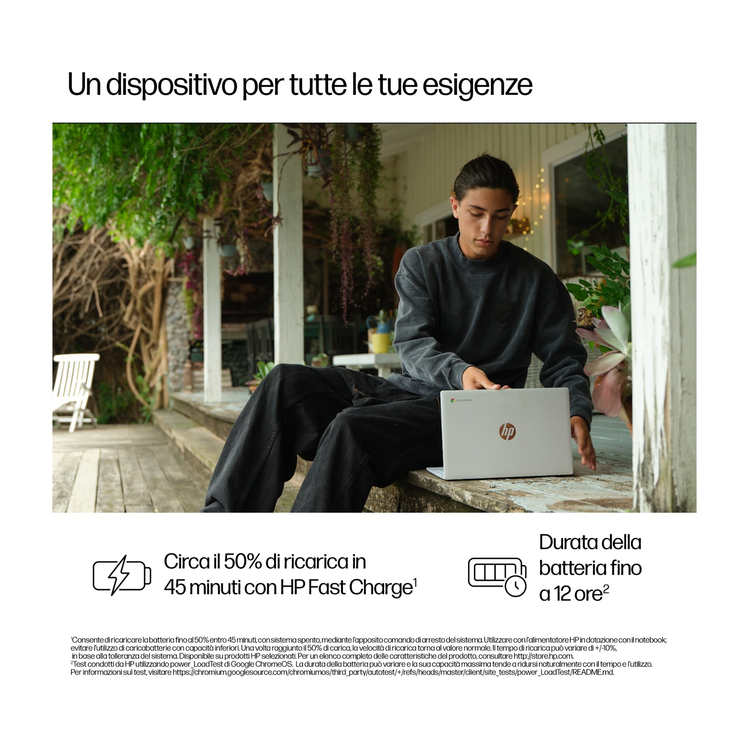 Un giovane seduto su un portico usa un laptop HP bianco. Lo sfondo comprende vegetazione e una sedia bianca.
