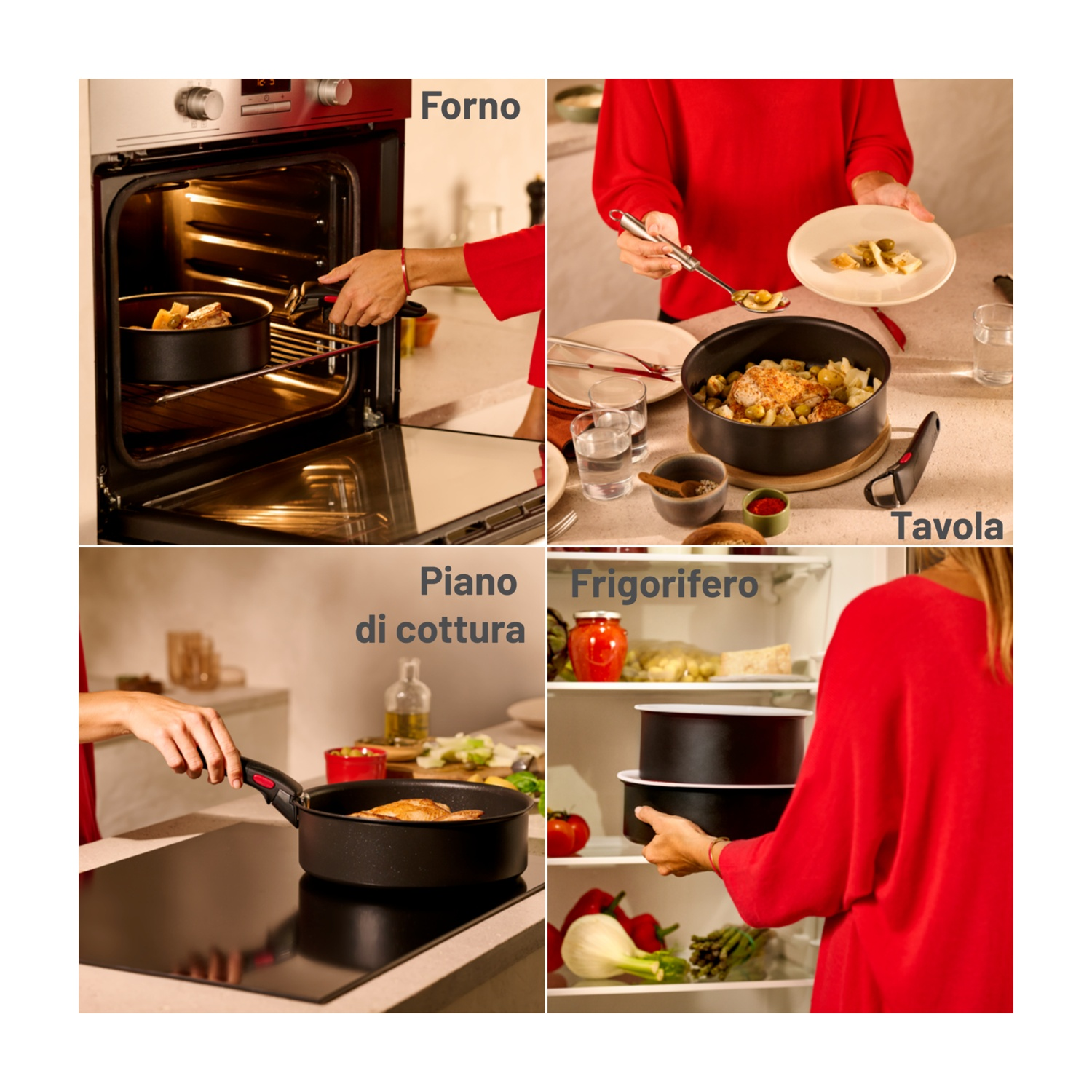 Un collage che mostra la cucina. Forno, tavola con cibo, padella sul fornello e un frigorifero con cibo. Una persona indossa il rosso.