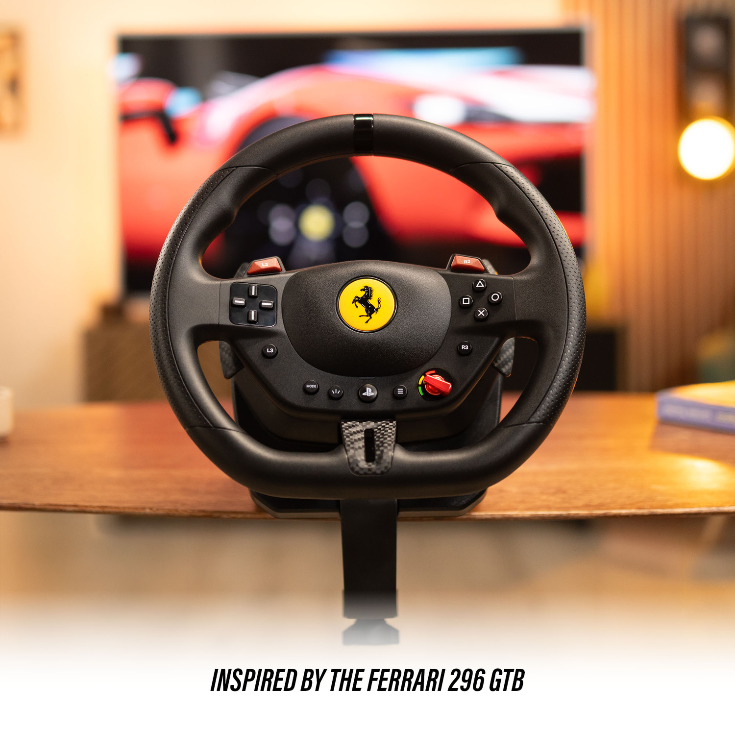Black Ferrari steering wheel on a stand, inspired by the 296 GTB. A red car is blurred in the background, with a yellow Ferrari logo.
