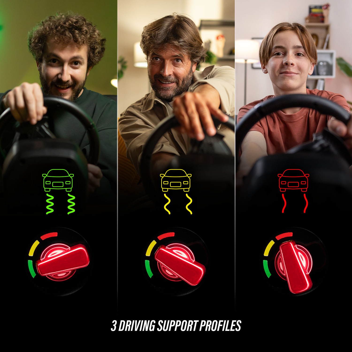 Three people holding steering wheels. Each has a different car icon and dial color, representing driving support profiles.