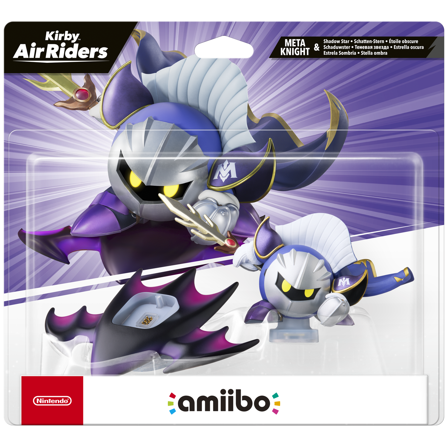 Packaging featuring Meta Knight Amiibo figurine. It's a blue and purple character with a helmet and a cape, from Kirby Air Riders.