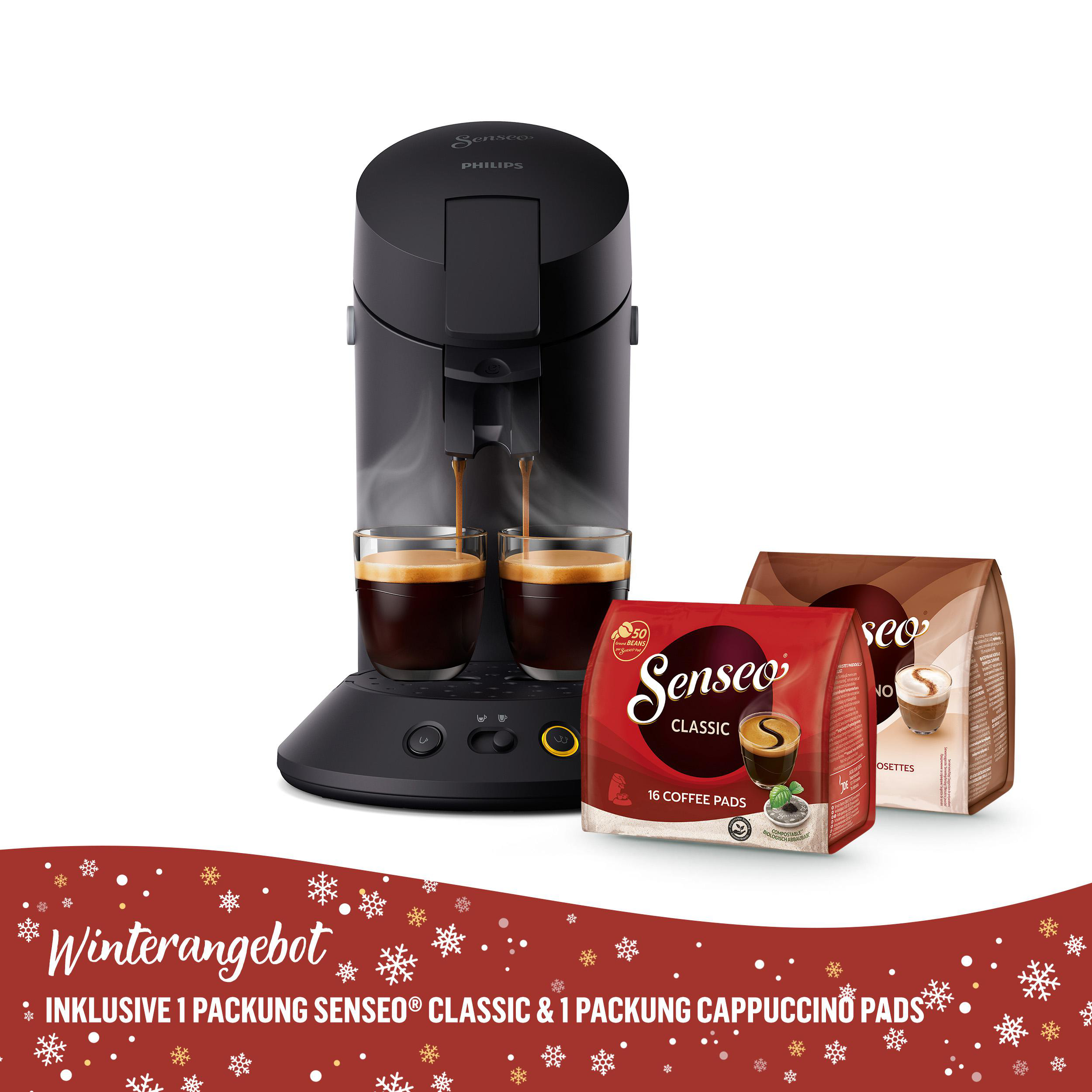 Schwarze Senseo-Kaffeemaschine, die Kaffee in zwei Gläser brüht, mit Kaffeepads rechts.