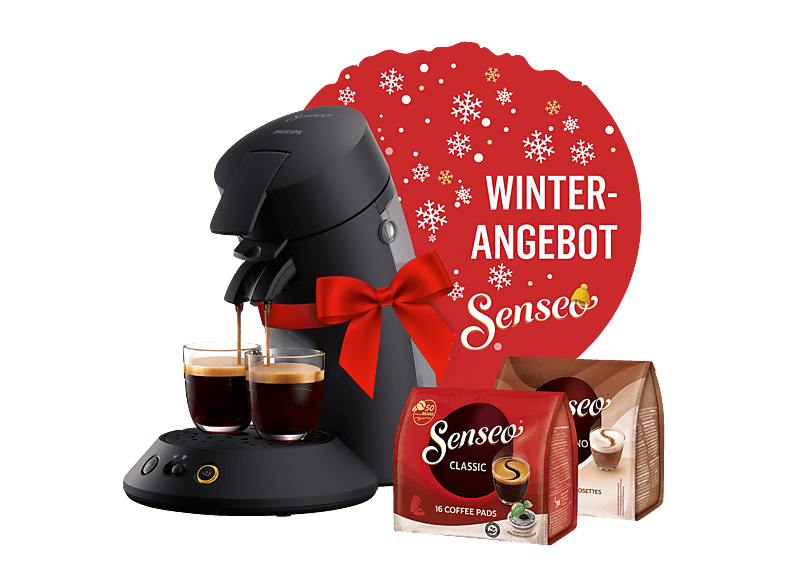 PHILIPS SENSEO® CSA210/69 im Winter-Design inkl. 1x Senseo Classic Pads u. 1x Senseo Cappuccino Pads, Milder oder starker Kaffee, 0.7L Wassertank Padmaschine, Schwarz