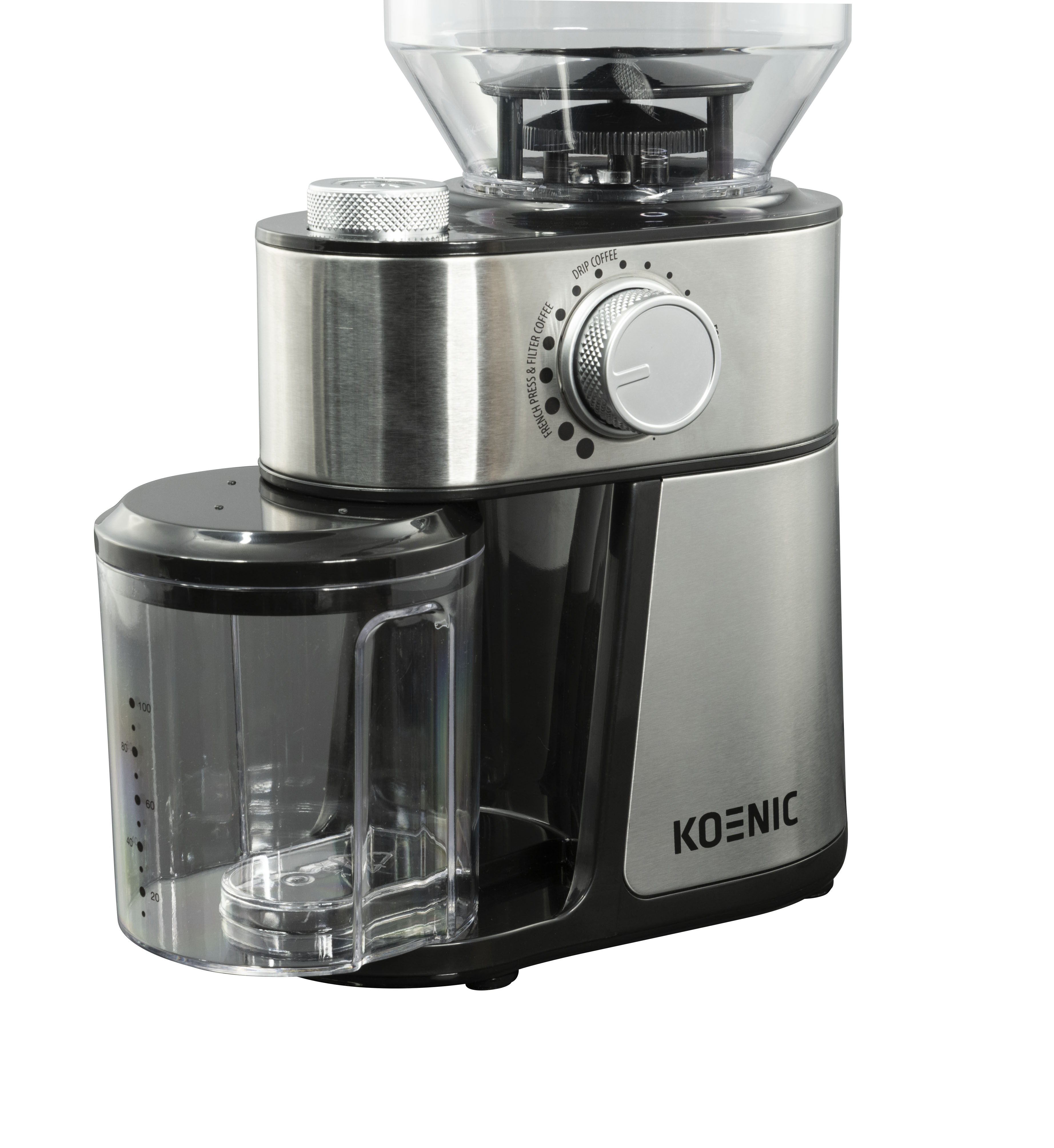 Srebrno-czarny młynek do kawy z przezroczystym pojemnikiem na ziarna i przezroczystym pojemnikiem na wodę.