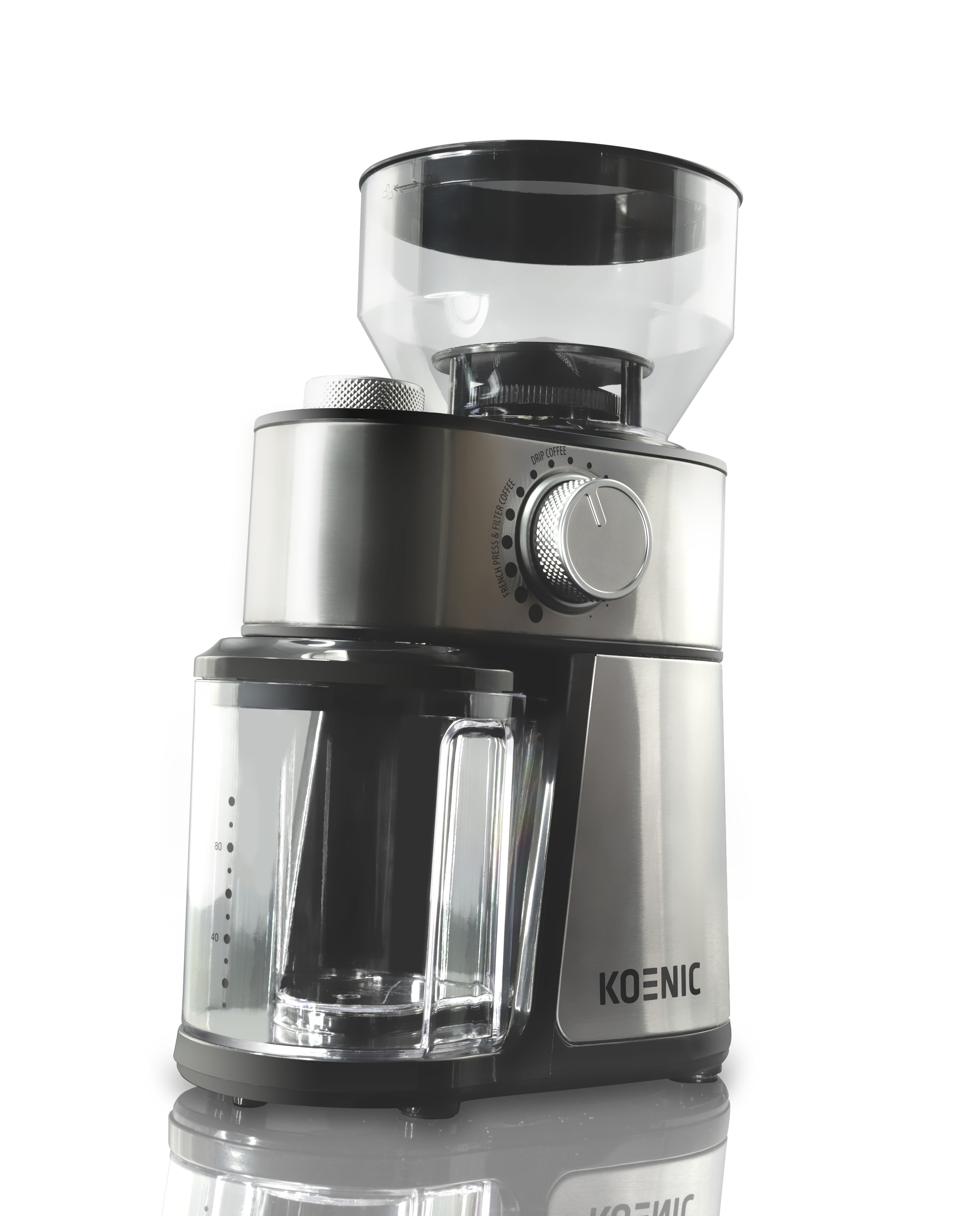 Srebrno-czarny młynek do kawy z przezroczystym pojemnikiem na ziarna i pojemnikiem na zmieloną kawę.