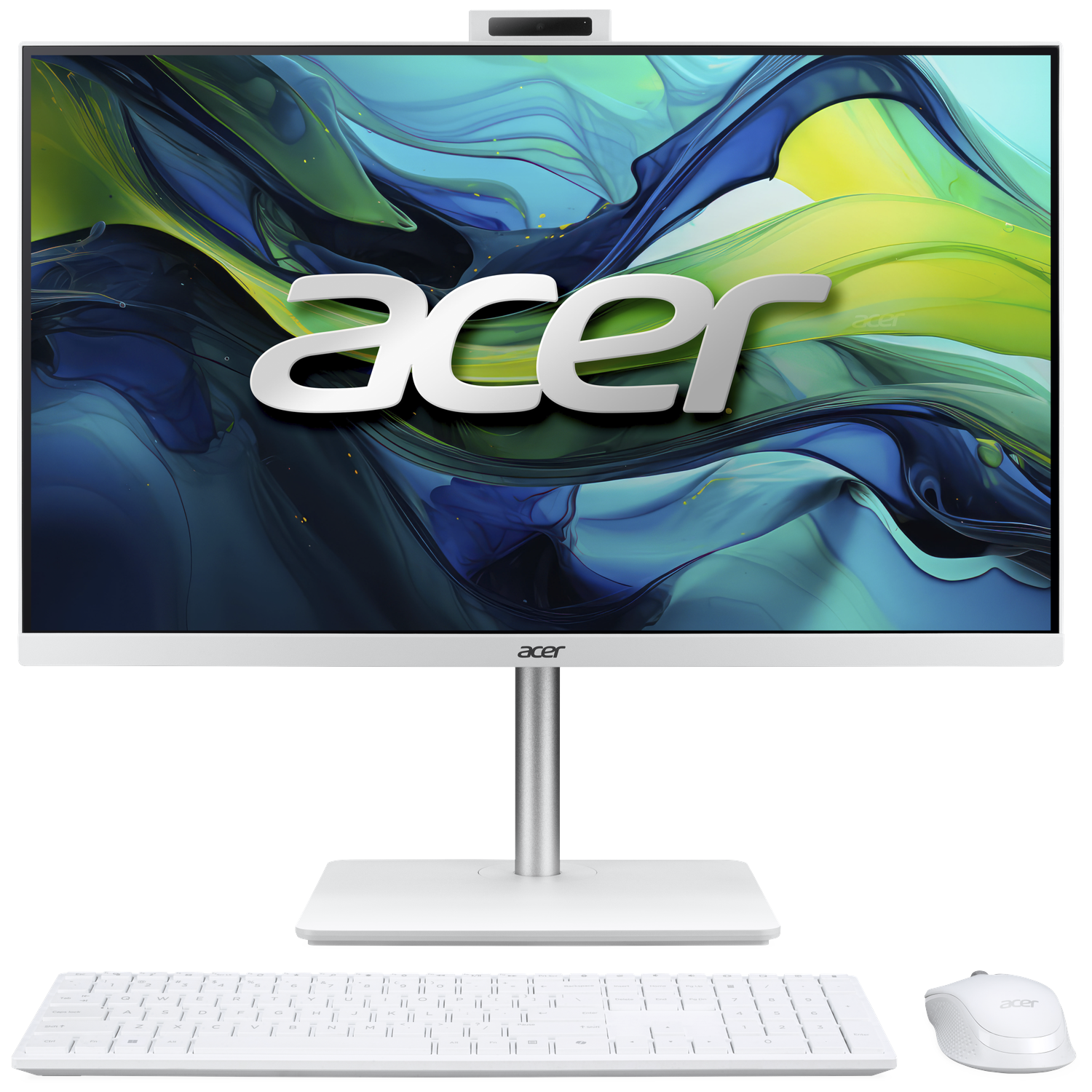 Witte Acer alles-in-één computer met toetsenbord en muis. Het scherm toont abstracte kunst. Het Acer-logo is zichtbaar.