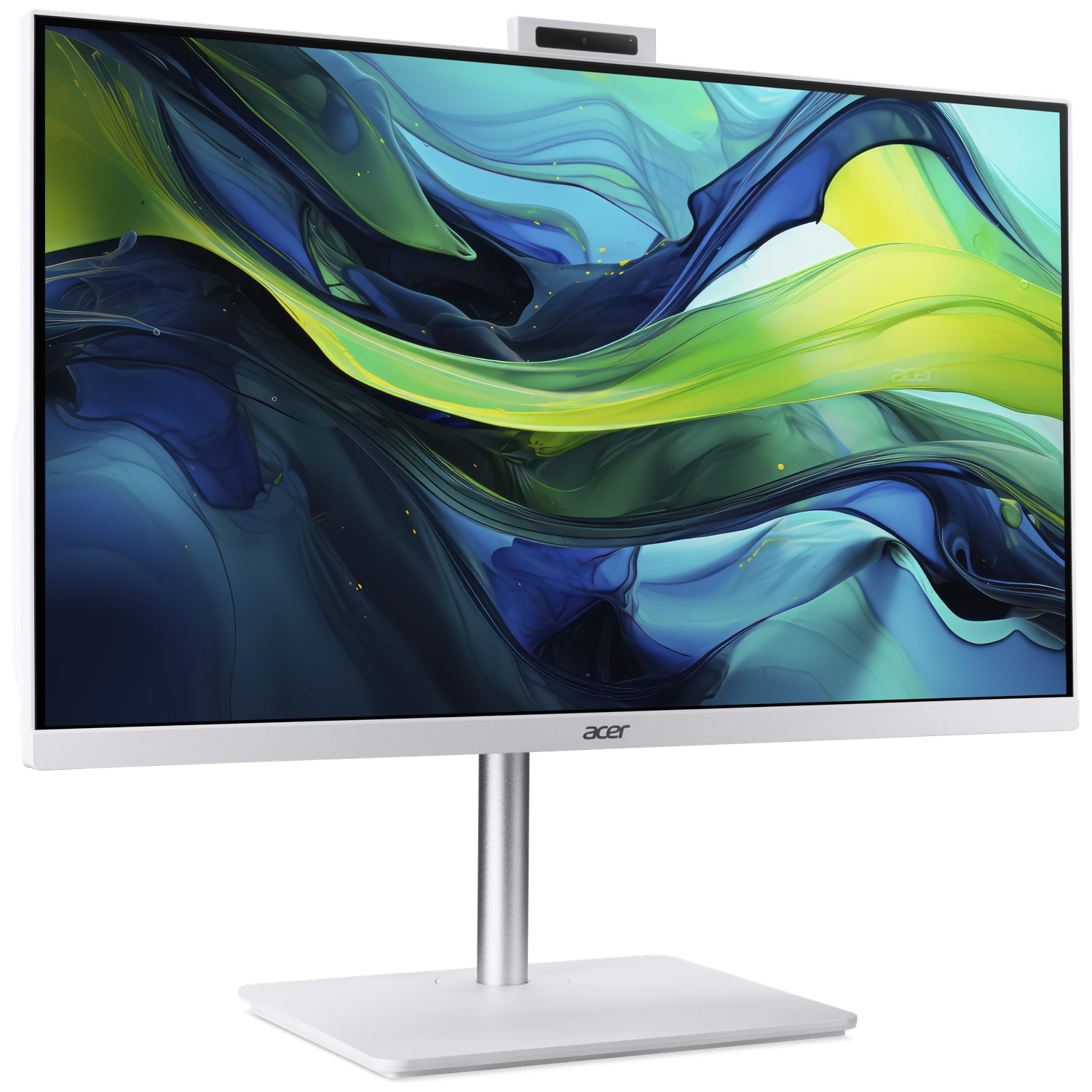 Acer all-in-one desktopcomputer. Het heeft een wit frame en standaard, met een scherm met abstracte blauwe en groene kunst.