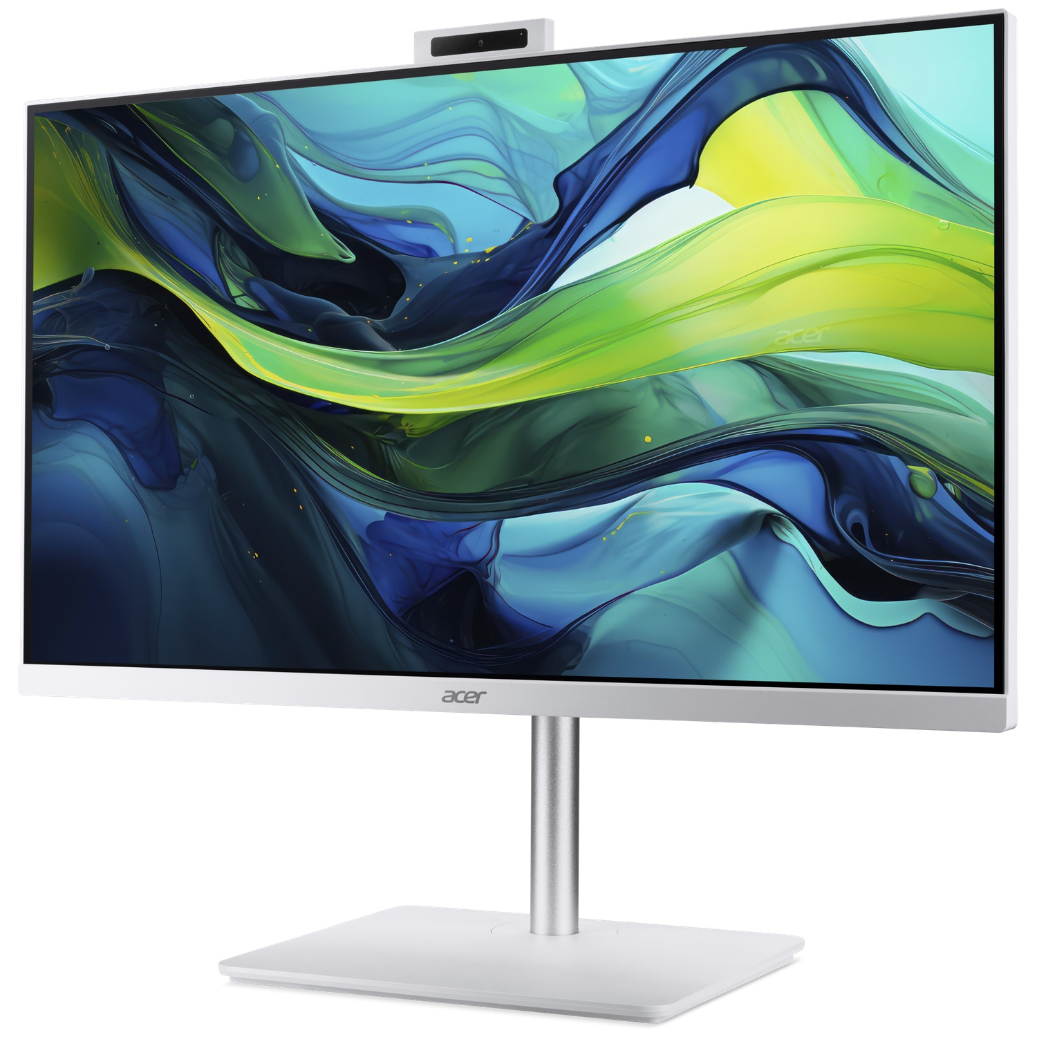 Acer all-in-one computer. Een witte monitor met een kleurrijke abstracte achtergrond. De standaard is zilver. Een webcam zit bovenop.