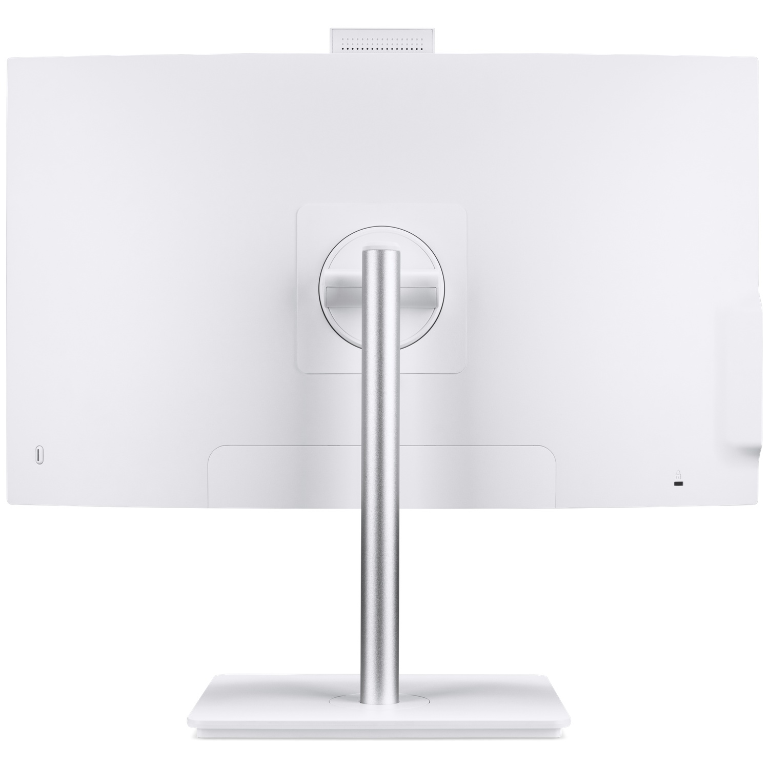 De achterkant van een witte computermonitor met een zilveren standaard. Hij heeft een webcam aan de bovenkant en diverse poorten aan de onderkant.