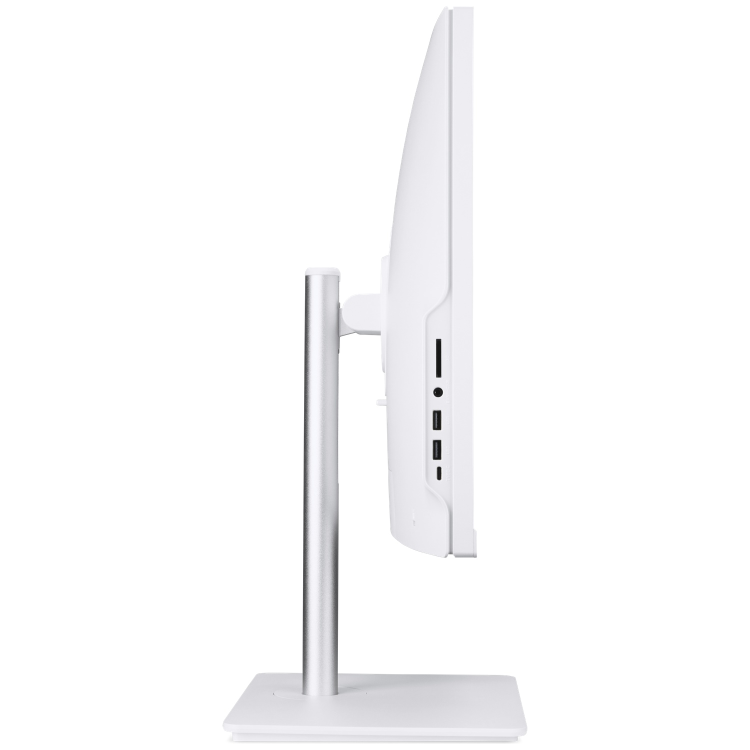 Zijaanzicht van een witte computermonitor. Het heeft een zilveren standaard en een witte voet. Poorten zijn zichtbaar aan de zijkant.