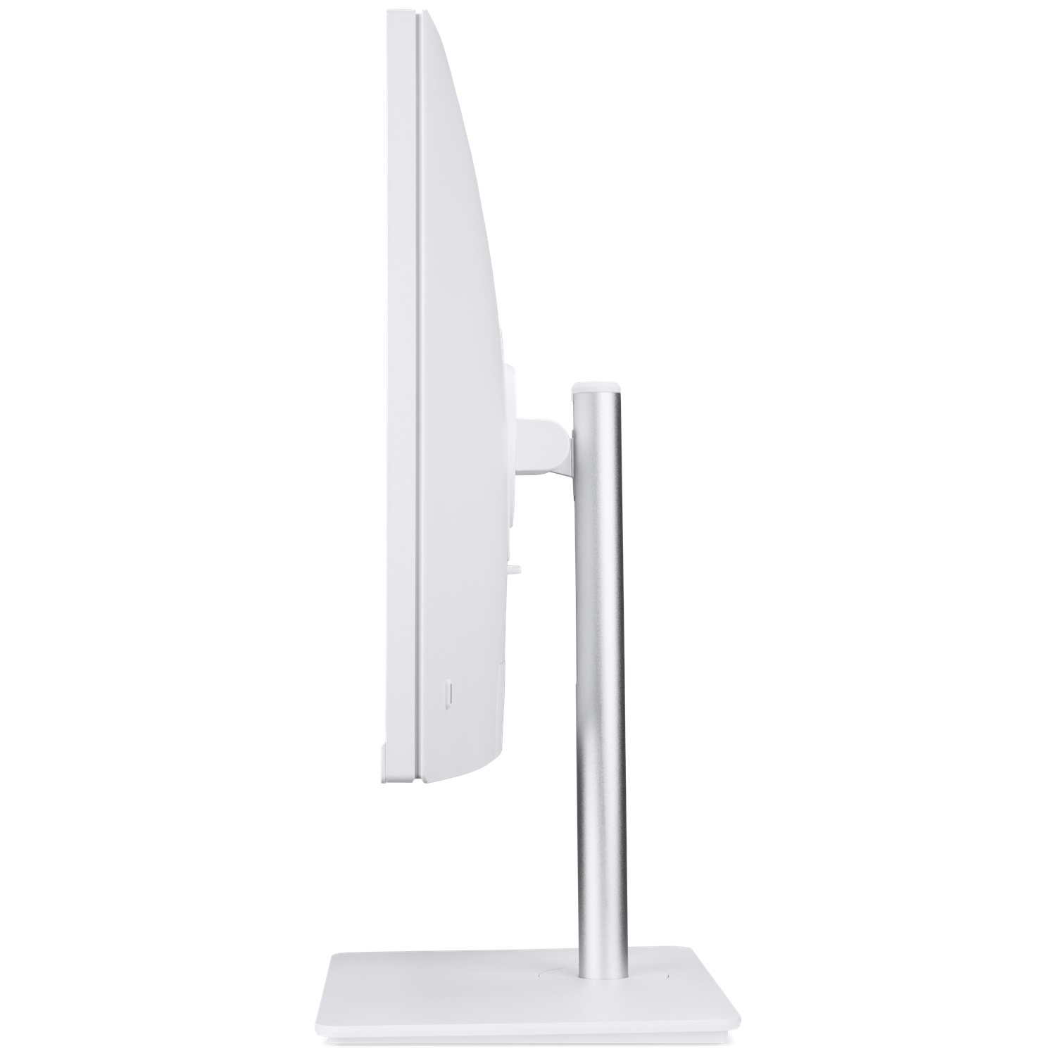 Zijaanzicht van een witte computermonitor. Het heeft een zilveren standaard en een witte voet. Het scherm is uit.