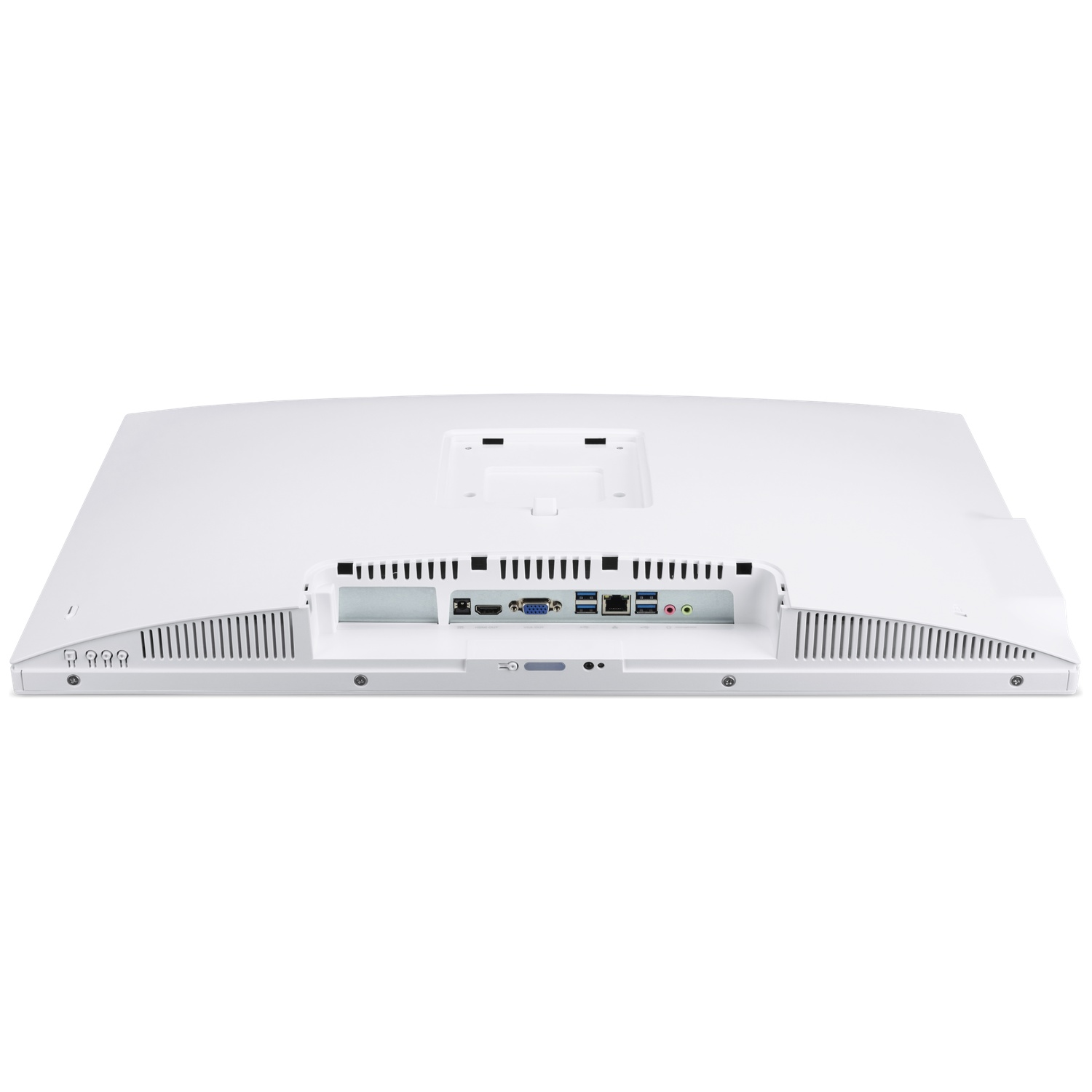 De achterkant van een witte computermonitor is zichtbaar. Het heeft verschillende poorten, ventilatieopeningen en een standaardaansluiting.